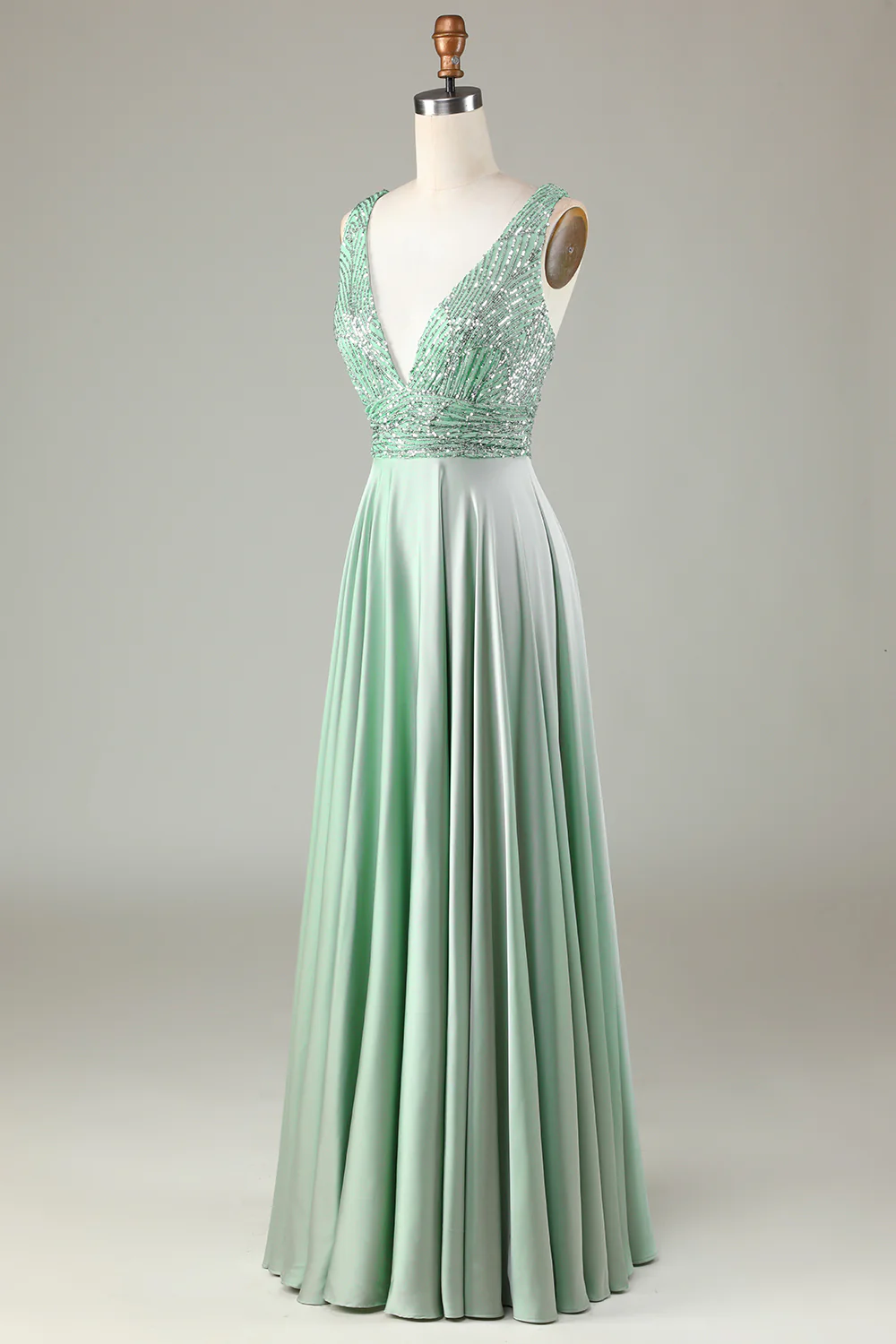 Robe de demoiselle d’honneur Matcha à col en V scintillante avec paillettes - Image 5
