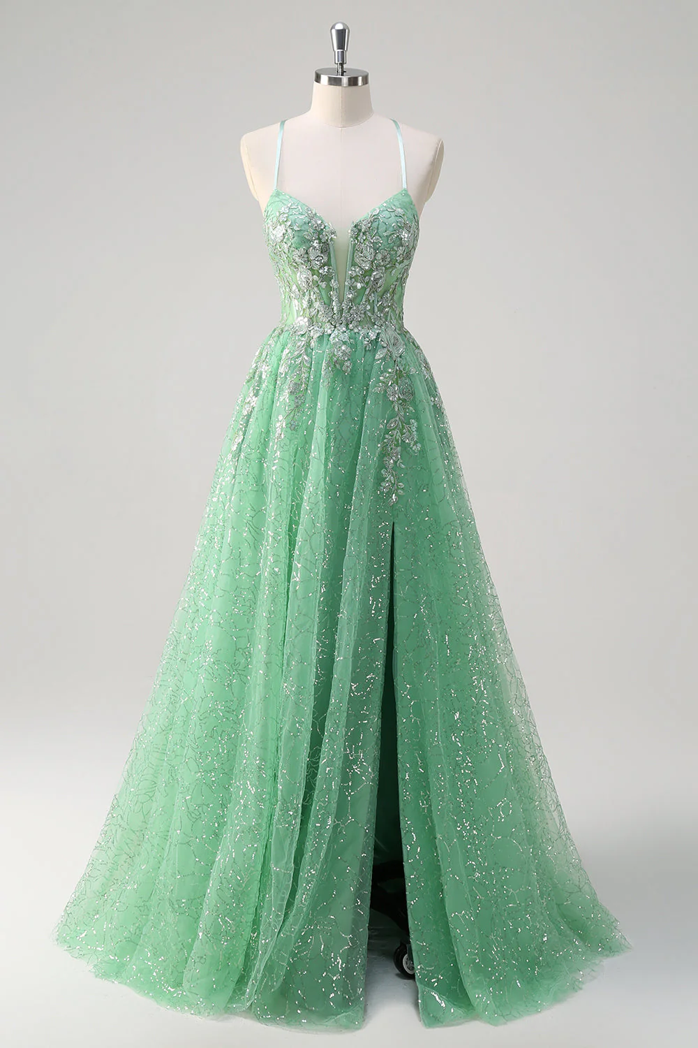 Robe de soirée vert clair scintillante coupe A line en tulle à bretelles spaghetti corset avec fente - Image 3