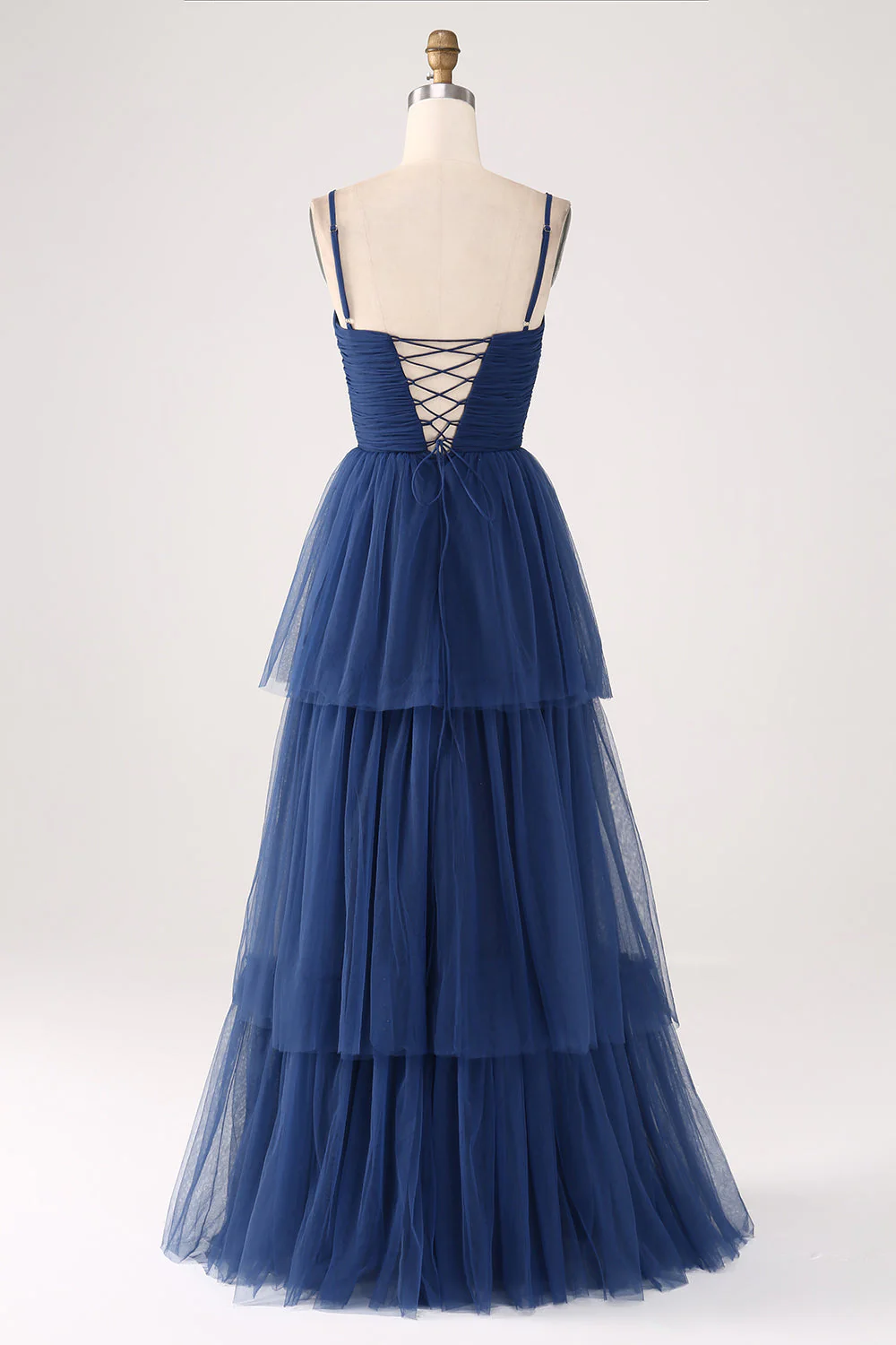Une ligne Spaghetti Bretelles À Niveaux Tulle Marine Plissé Robe de soirée Avec Fente - Image 4