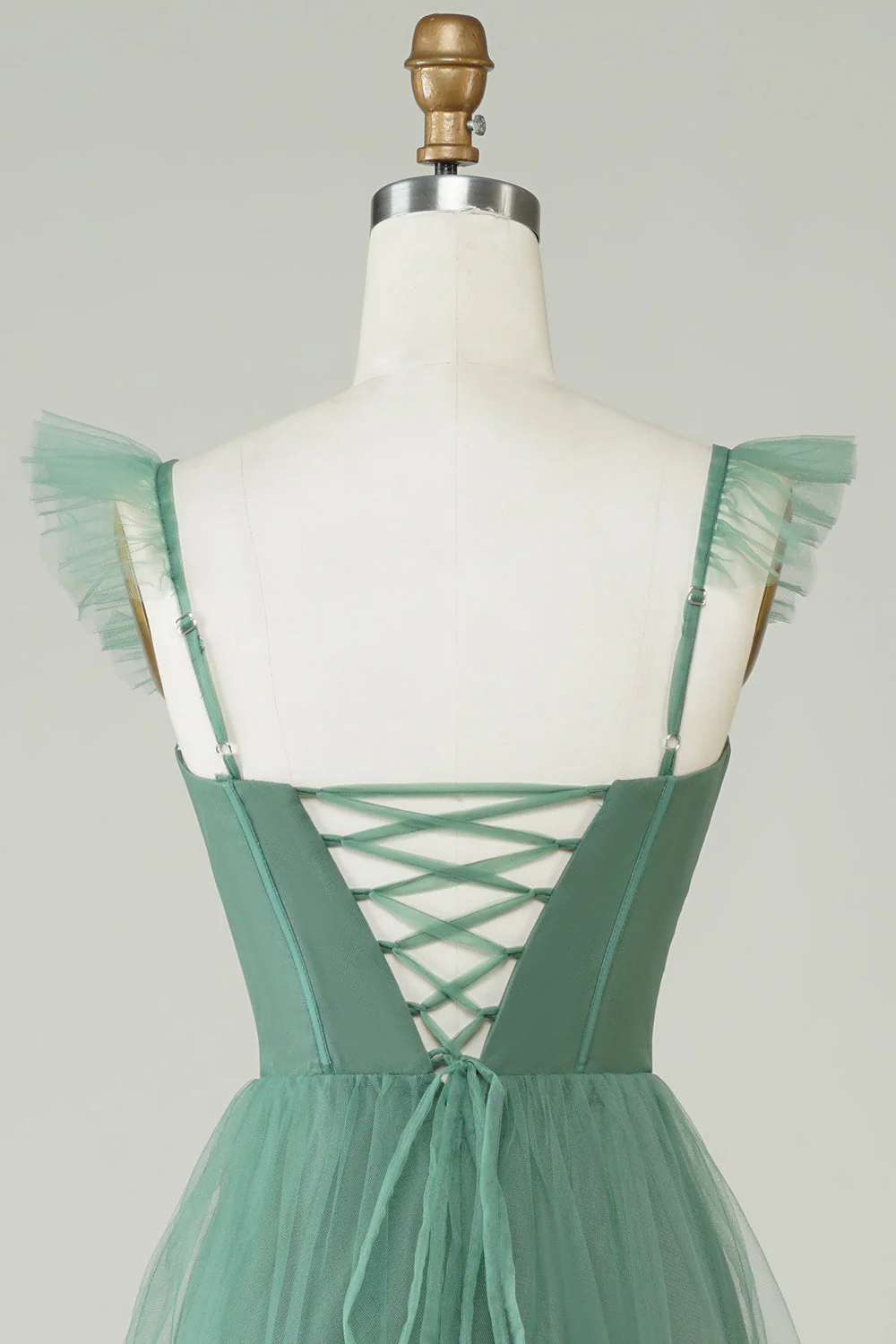 Une ligne Spaghetti Bretelles Long Tulle Eucalyptus robe de demoiselle d’honneur - Image 7