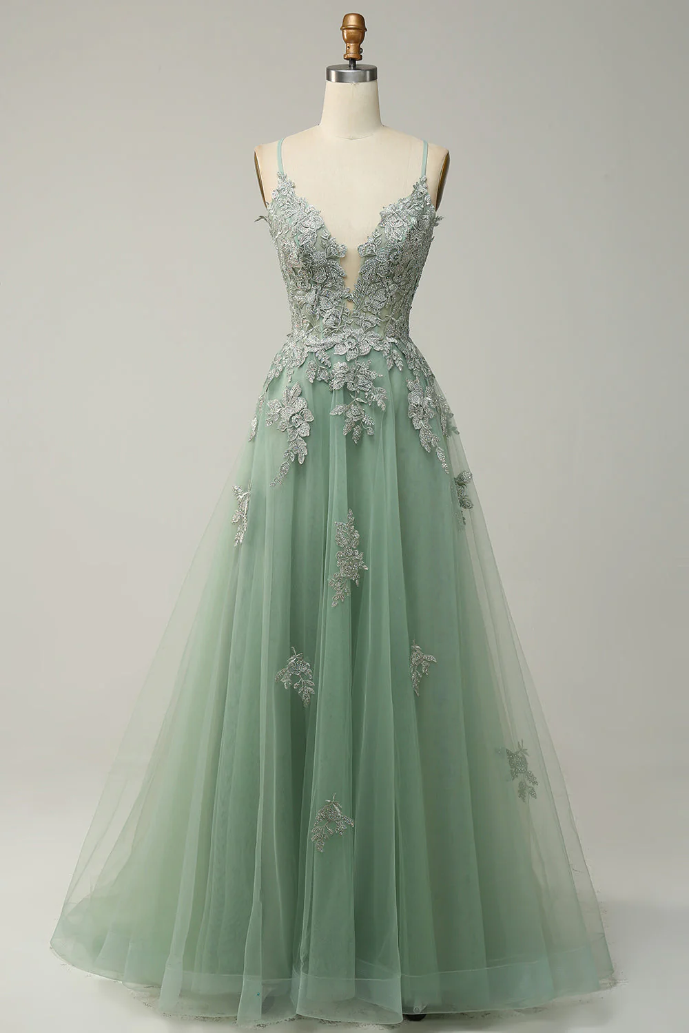 Une ligne Bretelles Spaghetti Blush Longue Robe de Soirée avec Appliques - Image 9