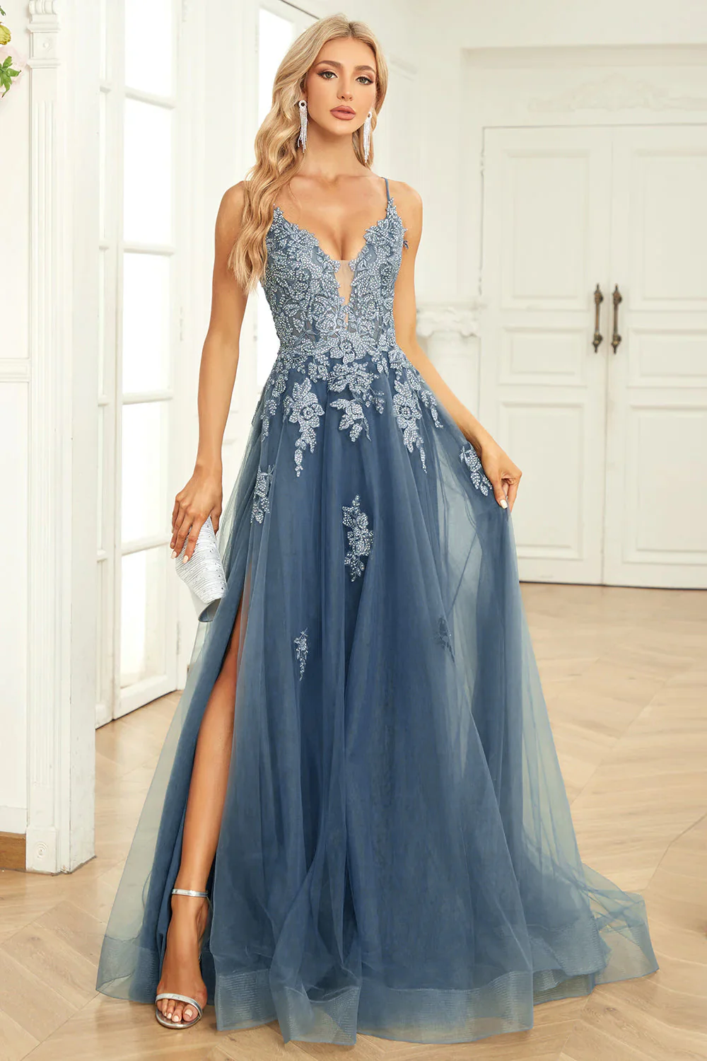 Une ligne Spaghetti Straps Gris Bleu soirée Robe avec Appliques - Image 4