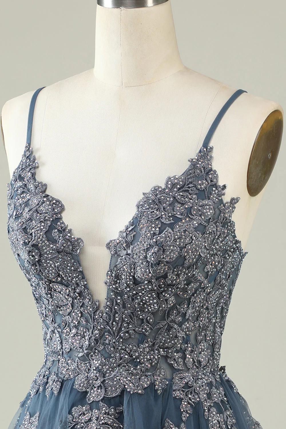 Une ligne Bretelles Spaghetti Gris Bleu Robe courte Cocktail avec appliques - Image 5