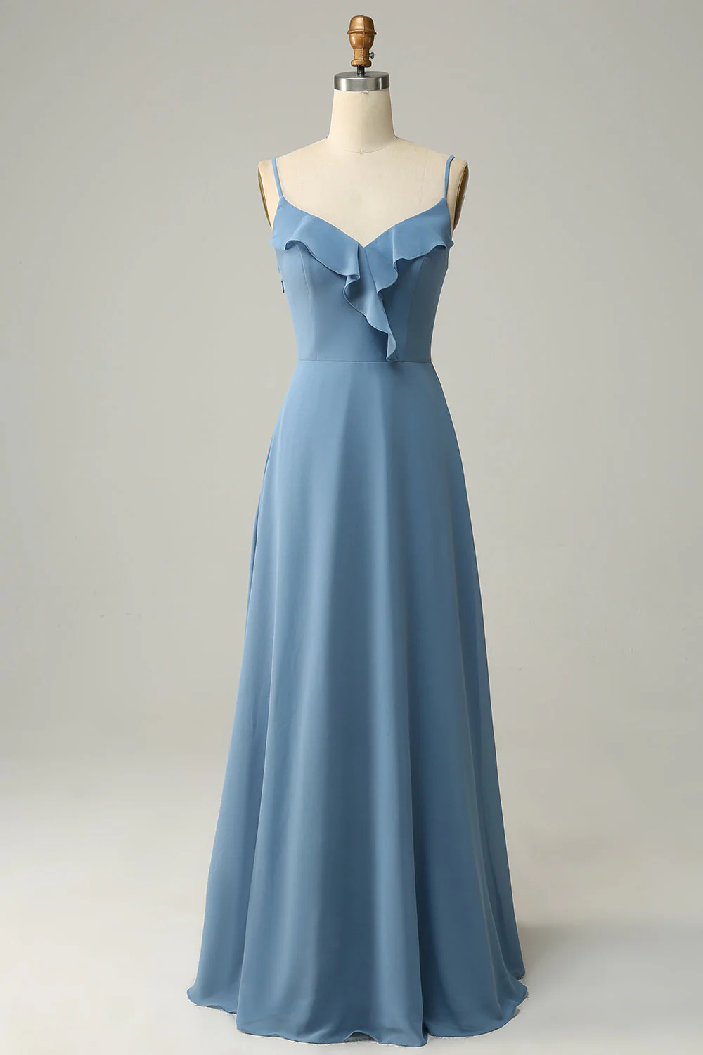 Une ligne Spaghetti Straps Gris Bleu Robe de demoiselle d’honneur longue avec Criss Cross Back - Image 4