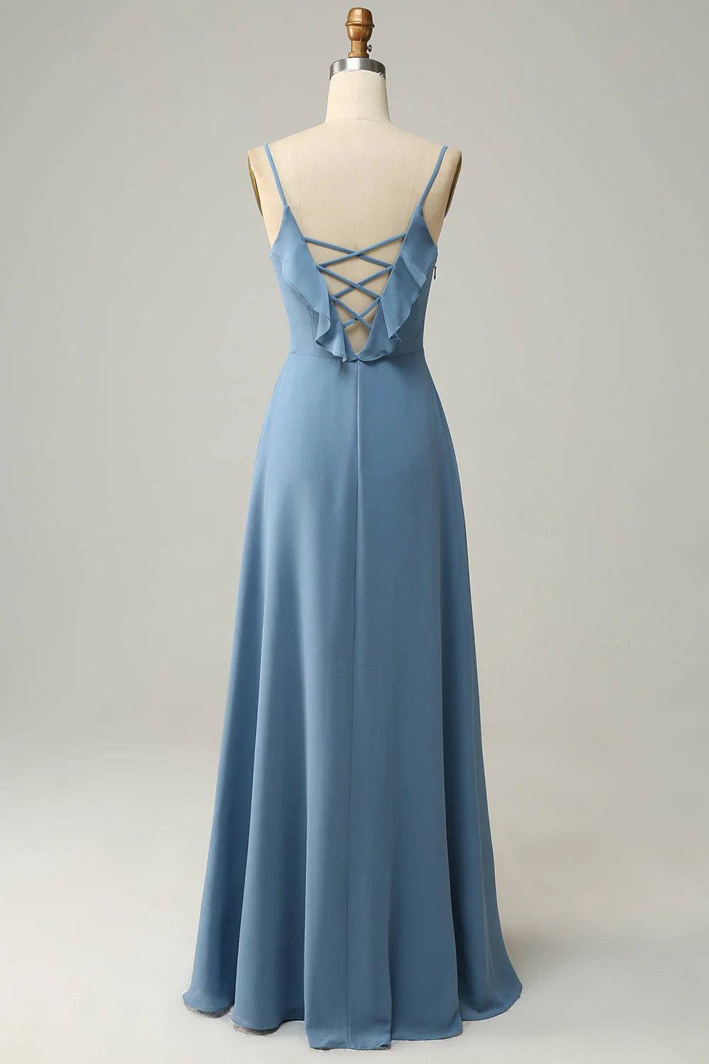 Une ligne Spaghetti Straps Gris Bleu Robe de demoiselle d’honneur longue avec Criss Cross Back - Image 5