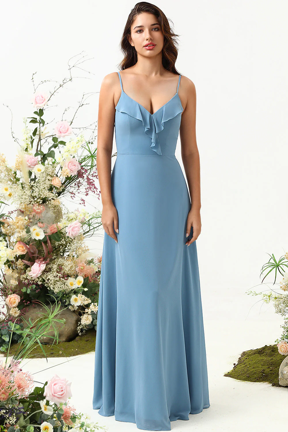 Une ligne Spaghetti Straps Gris Bleu Robe de demoiselle d’honneur longue avec Criss Cross Back - Image 8
