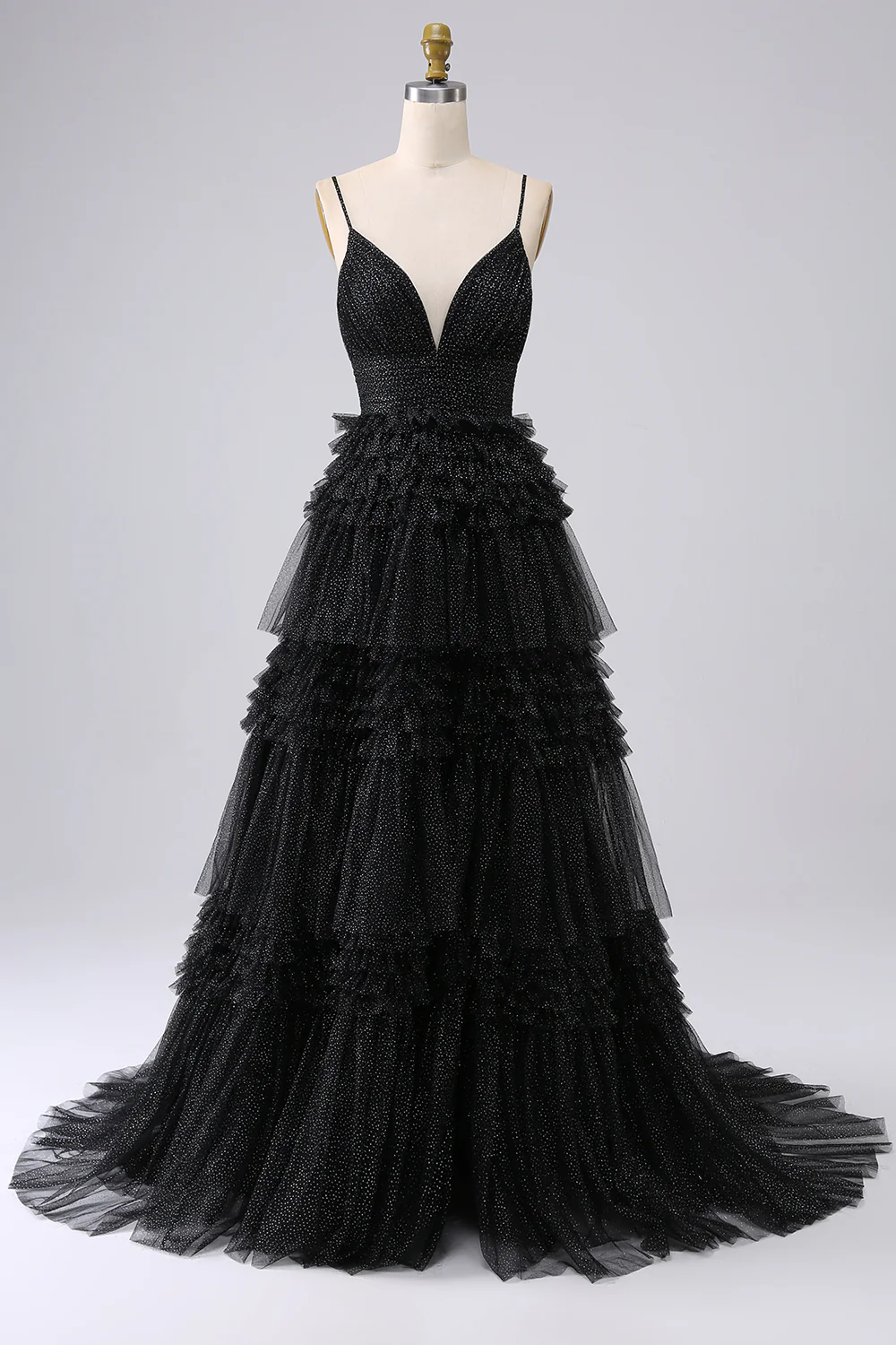 Une ligne Spaghetti Straps Navy Long Prom Dress avec des volants - Image 10