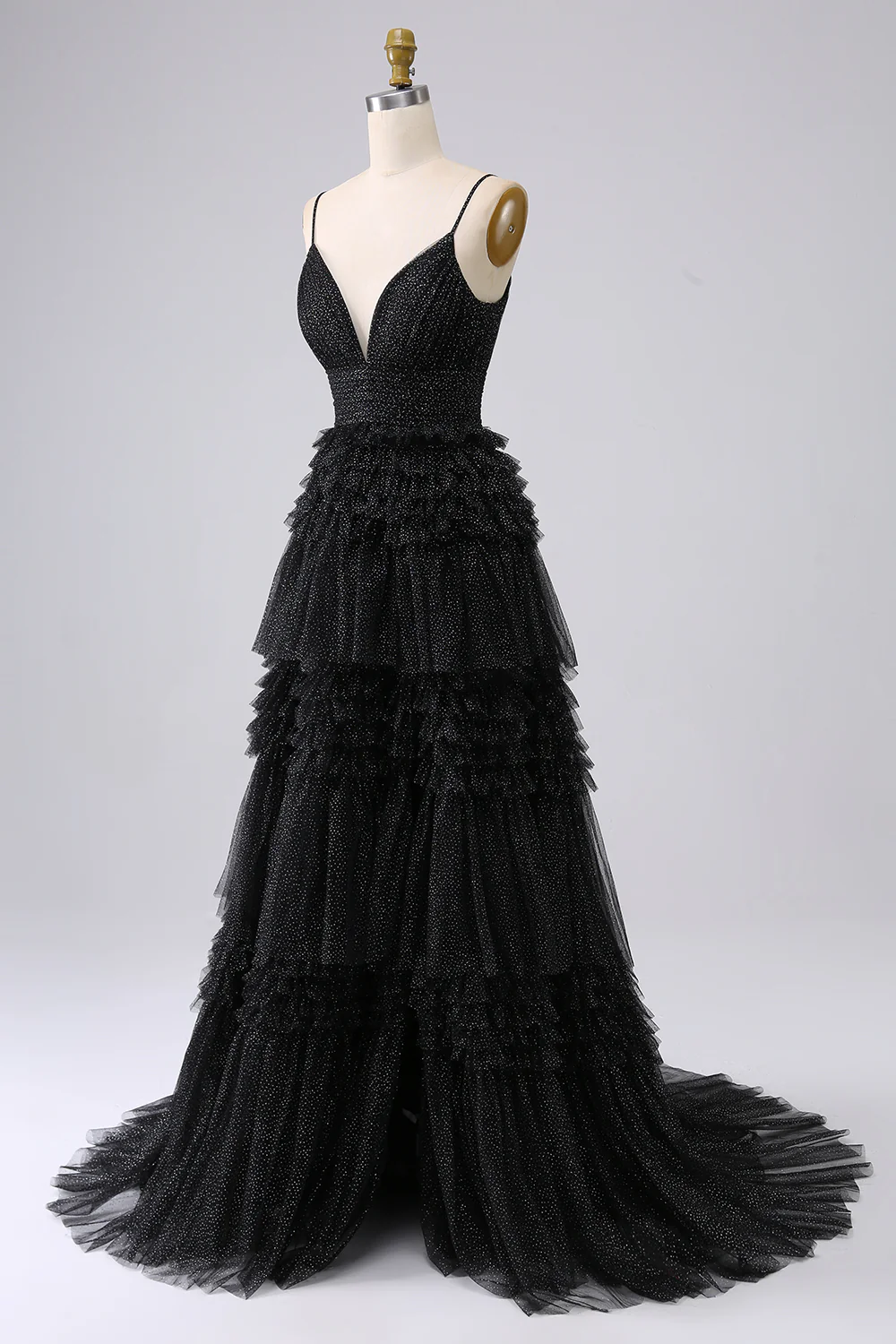 Une ligne Spaghetti Straps Navy Long Prom Dress avec des volants - Image 12