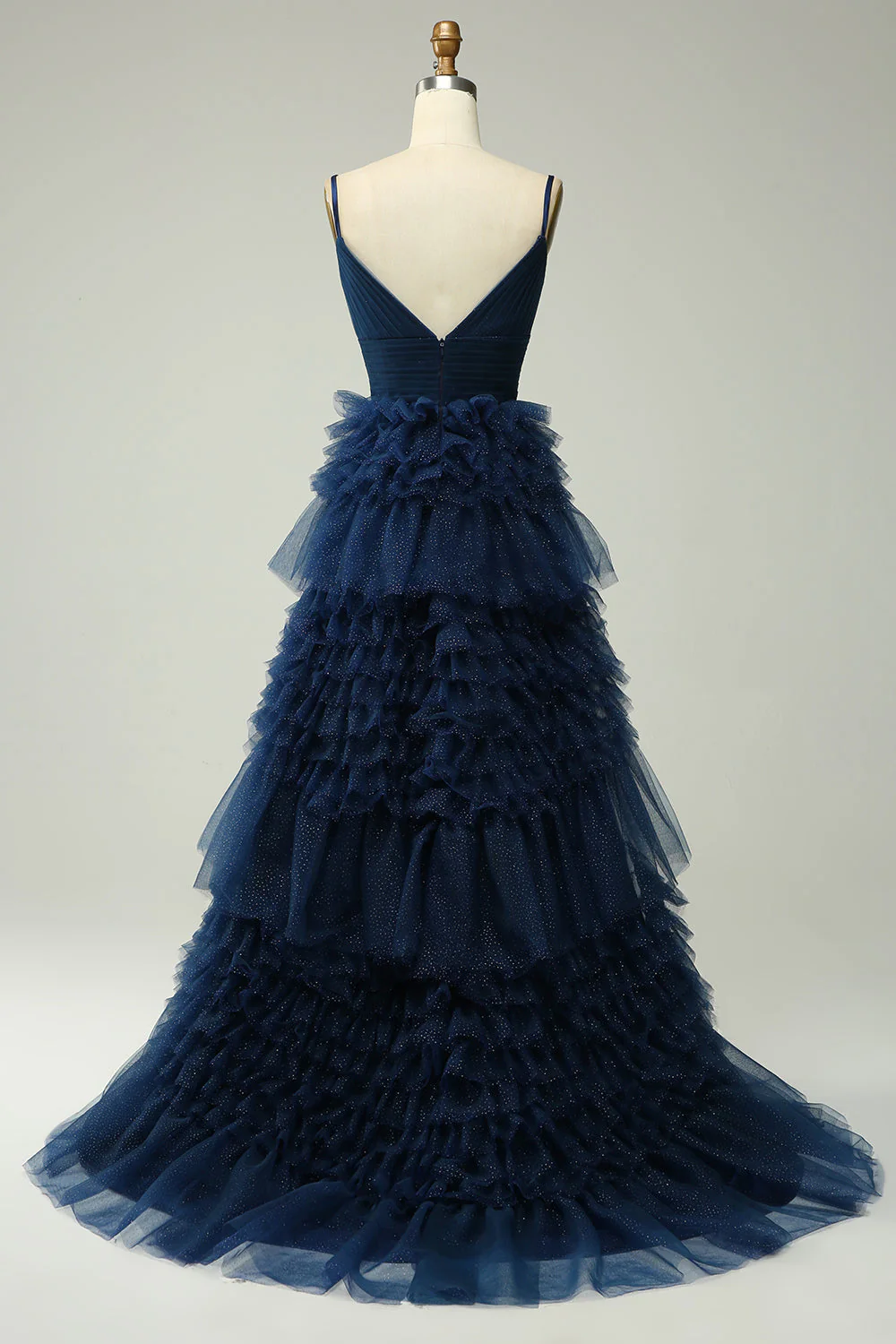 Une ligne Spaghetti Straps Navy Long Prom Dress avec des volants - Image 2