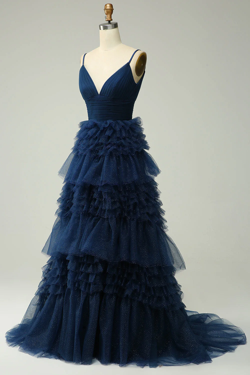 Une ligne Spaghetti Straps Navy Long Prom Dress avec des volants - Image 3