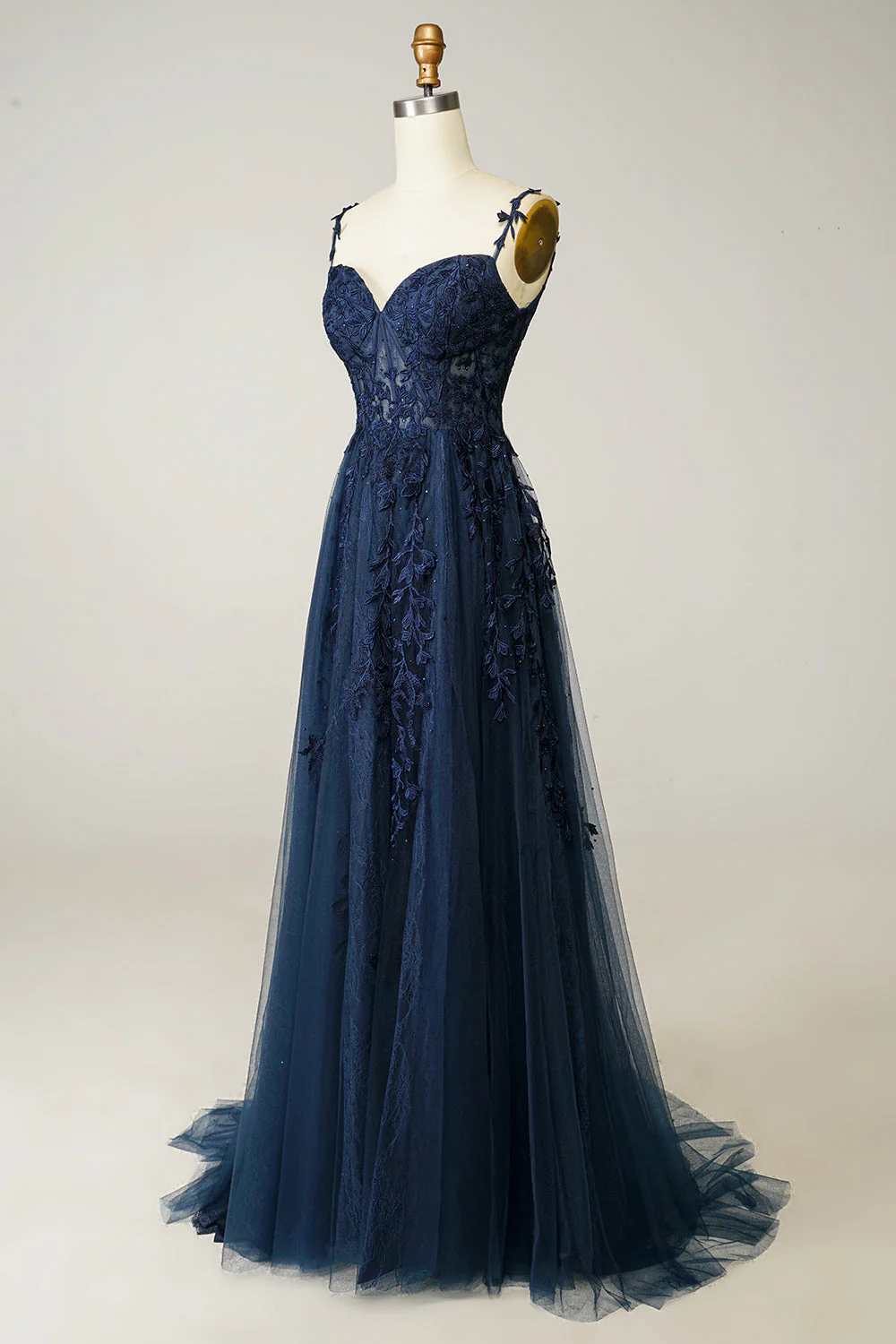 Robe de soirée marine une ligne à bretelles spaghetti avec appliques - Image 3