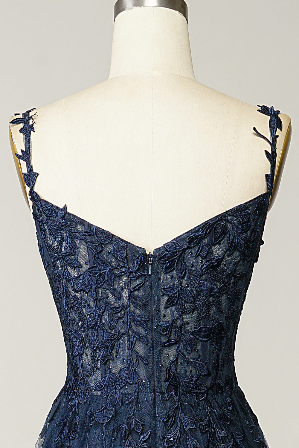 Robe de soirée marine une ligne à bretelles spaghetti avec appliques - Image 5