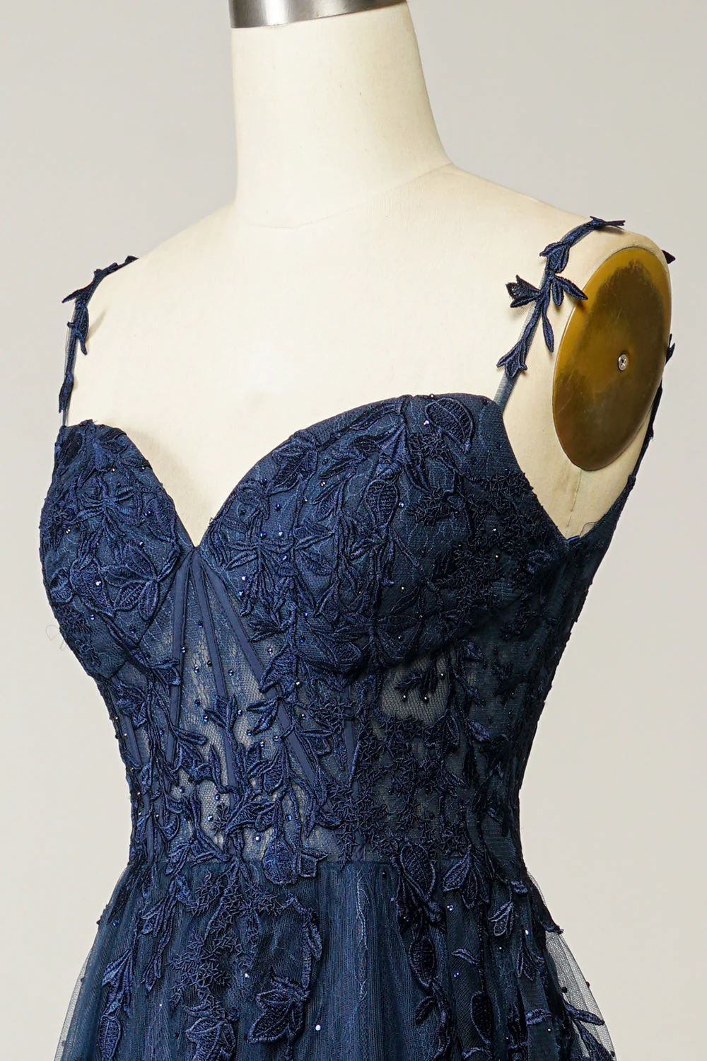 Robe de soirée marine une ligne à bretelles spaghetti avec appliques - Image 6