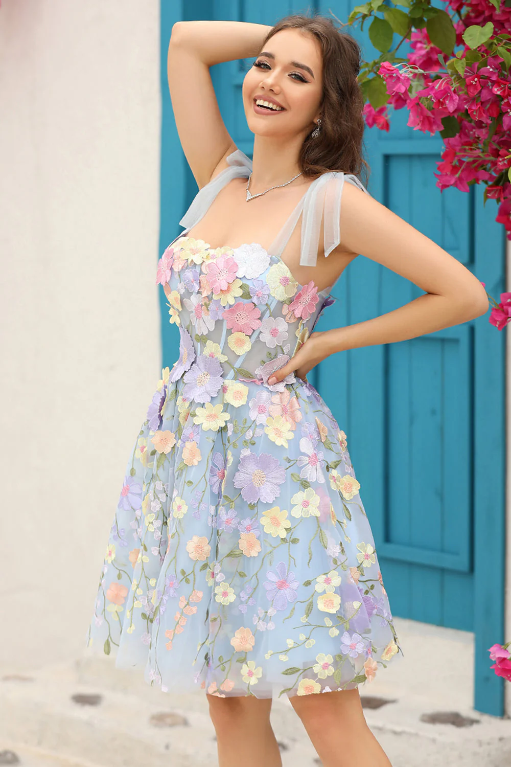 Une ligne Bretelles Spaghetti Corset violet Robe Cocktail avec 3D Fleurs - Image 13