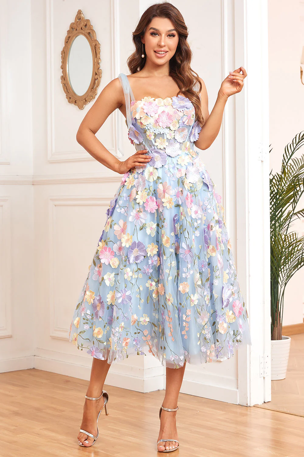 Une ligne Robe de soirée de longueur de thé violet à bretelles spaghetti - Image 10