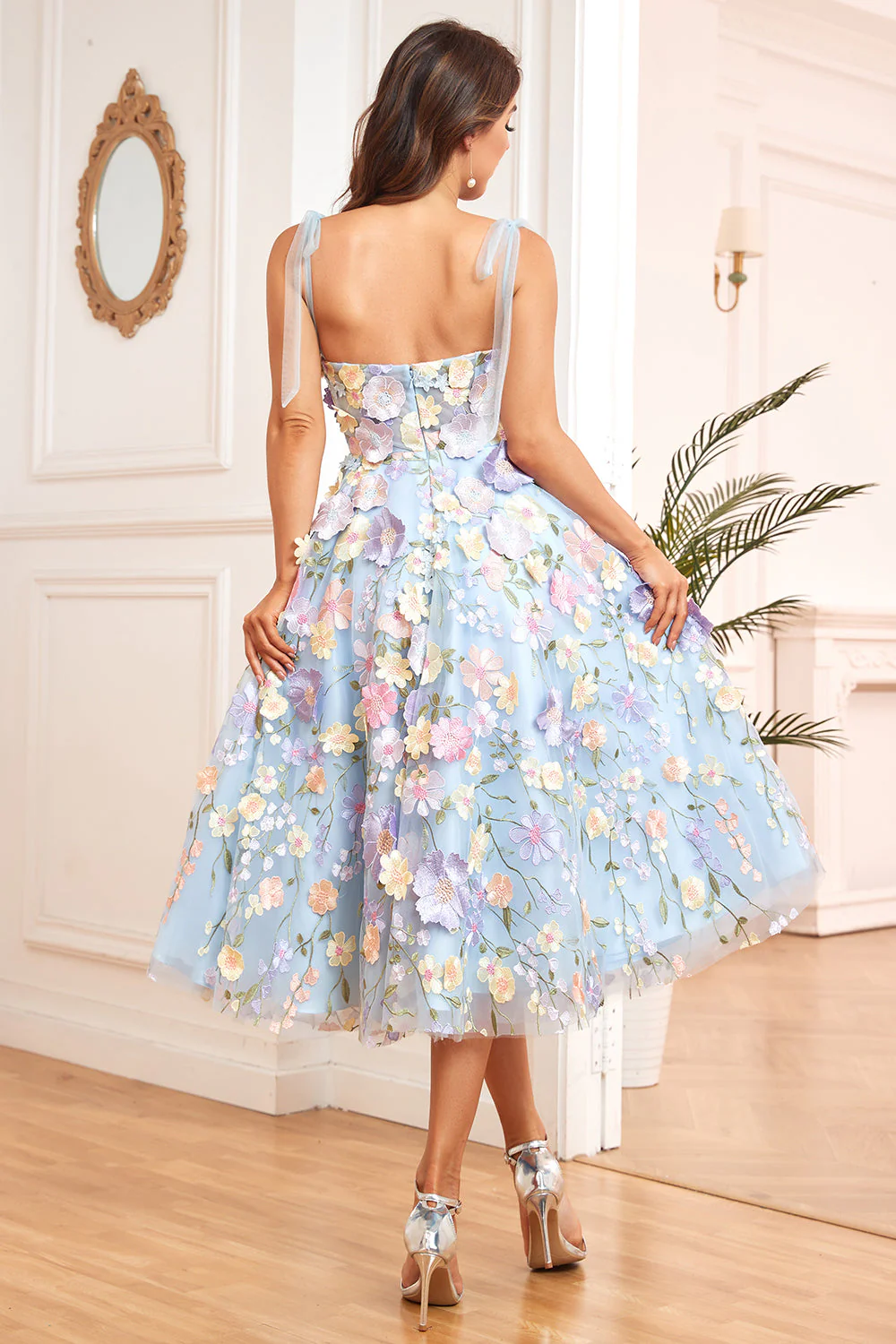 Une ligne Robe de soirée de longueur de thé violet à bretelles spaghetti - Image 8