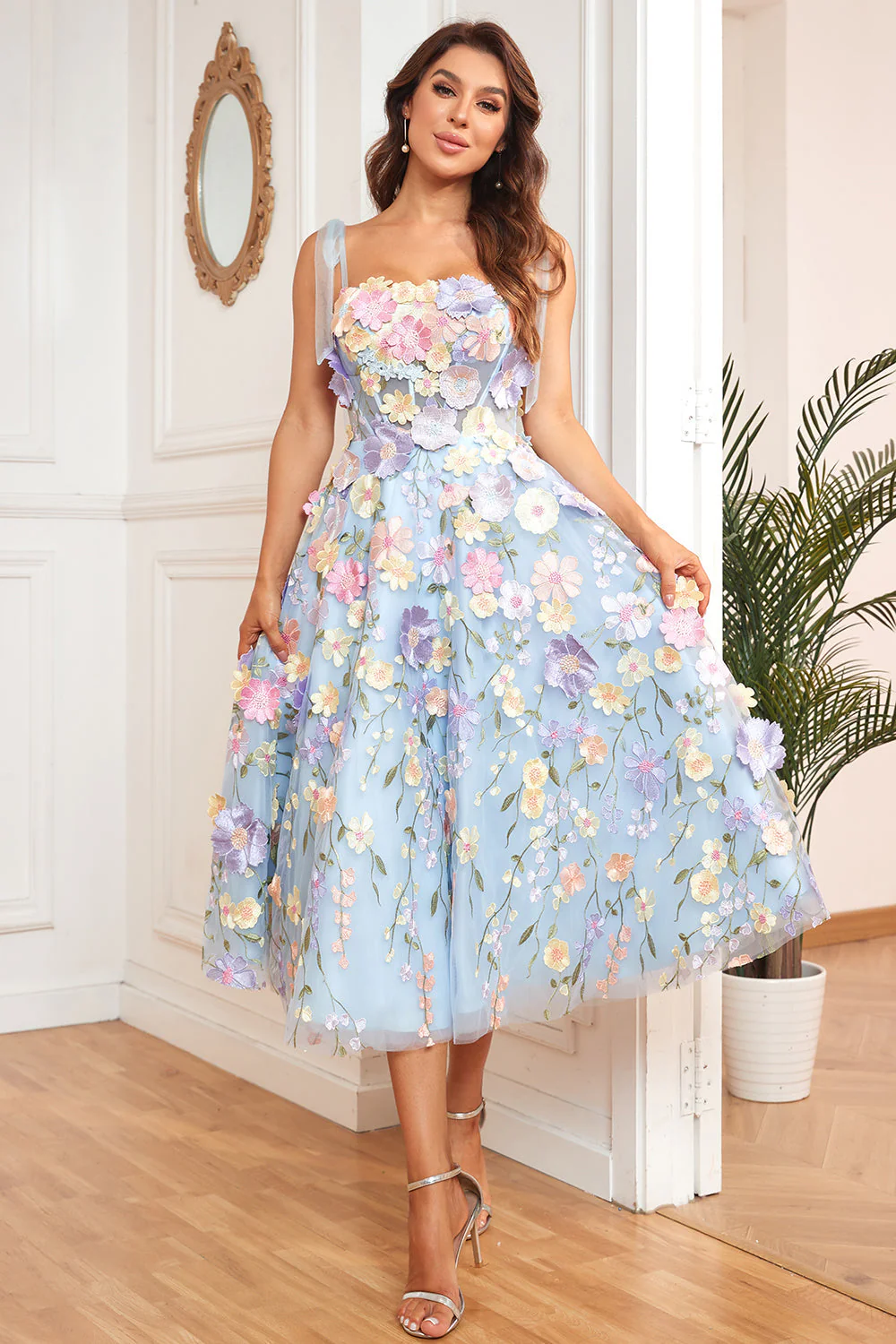 Une ligne Robe de soirée de longueur de thé violet à bretelles spaghetti - Image 9