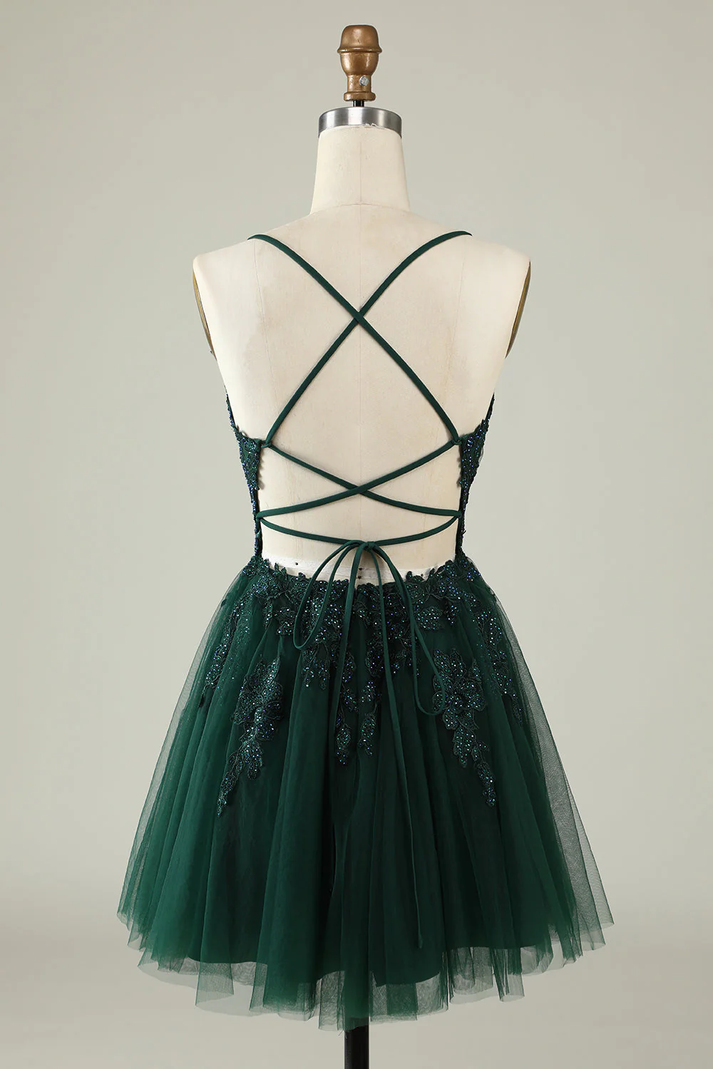 Une ligne Spaghetti Straps Vert foncé Robe courte Homecoming avec appliques - Image 5