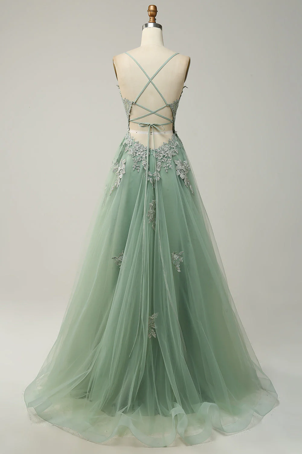 Une ligne Bretelles Spaghetti Vert Longue Robe De Soirée avec Dos croisé - Image 2