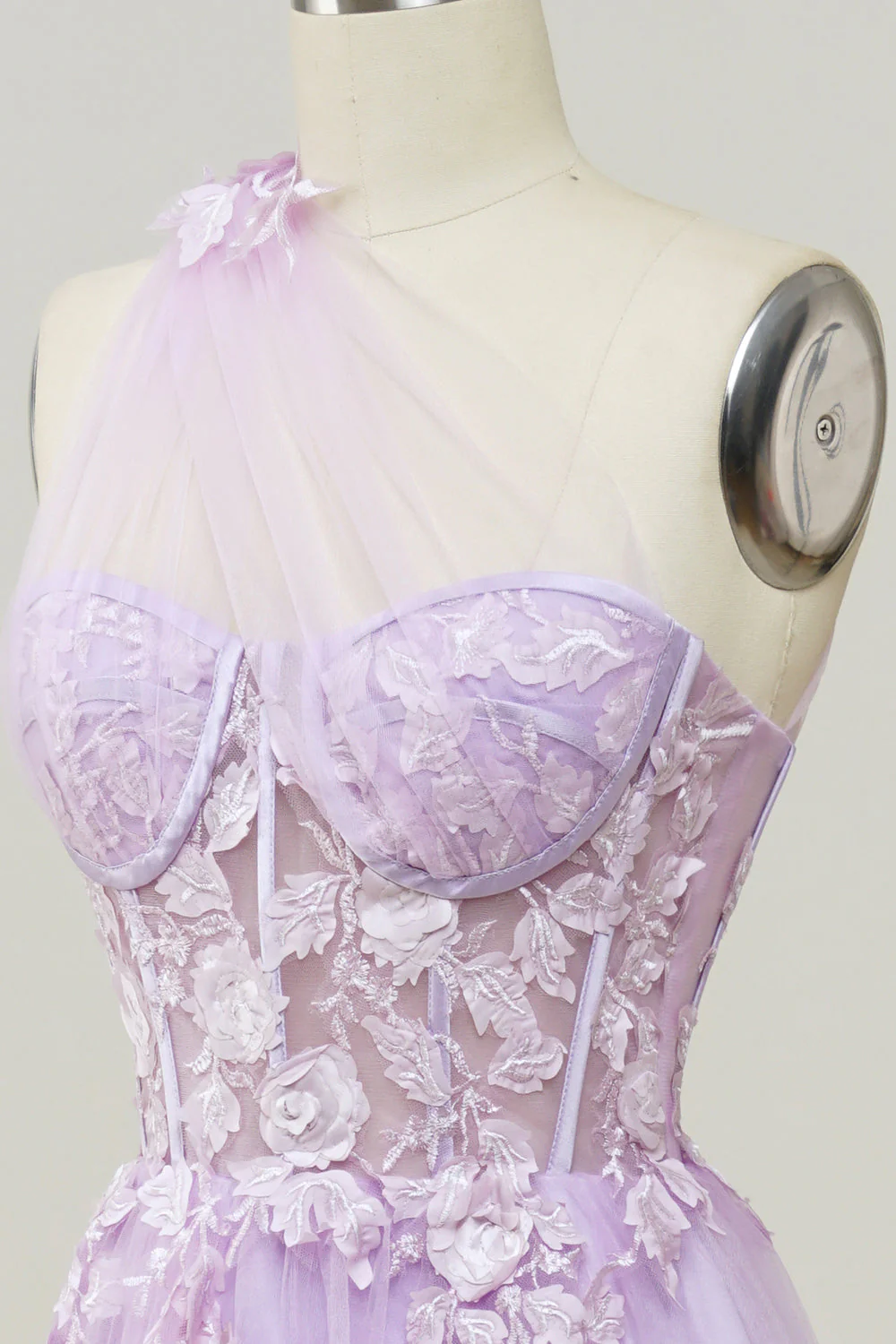 Une robe de bal longue Line One Shoulder Sky Blue avec appliques - Image 11