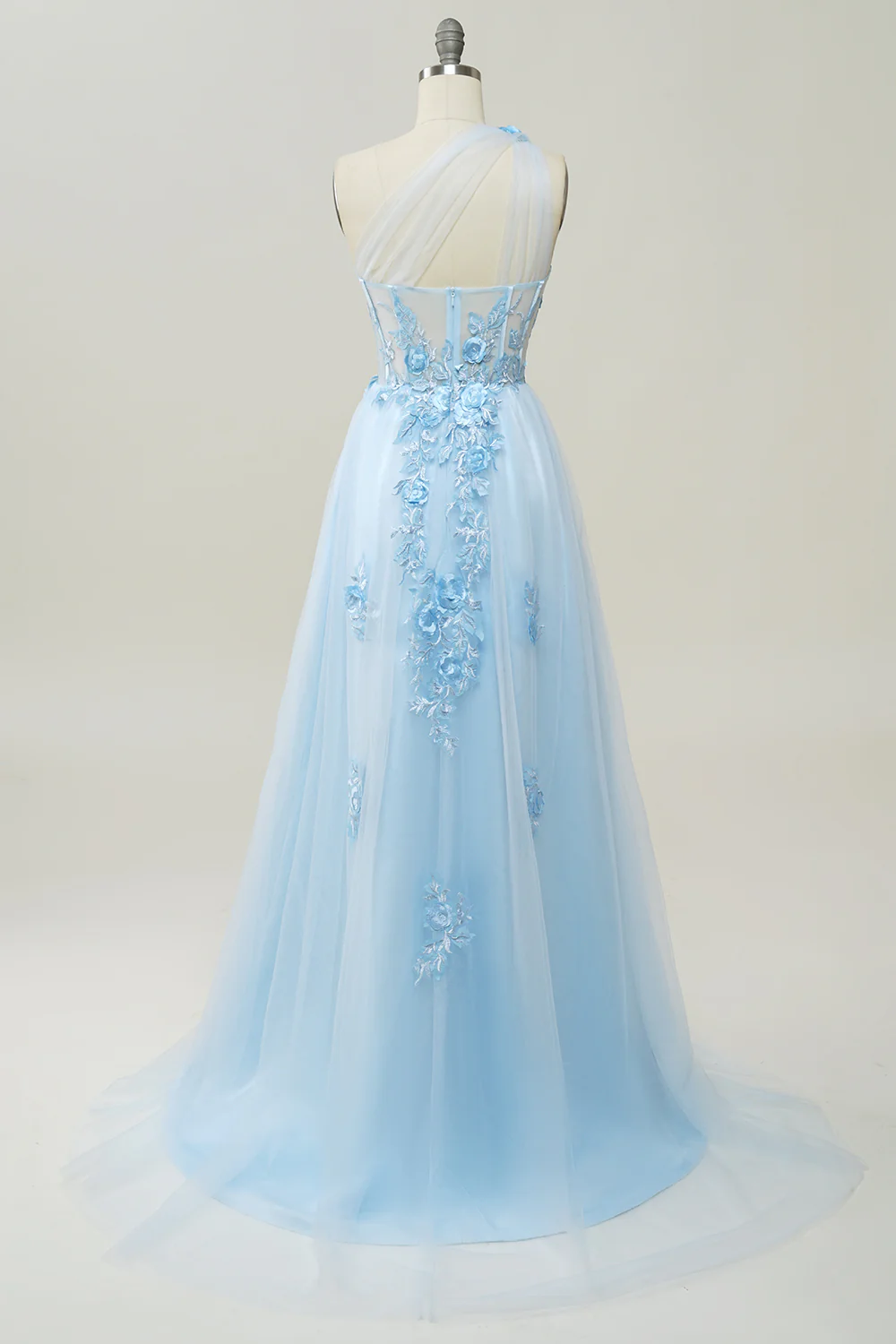 Une robe de bal longue Line One Shoulder Sky Blue avec appliques - Image 2