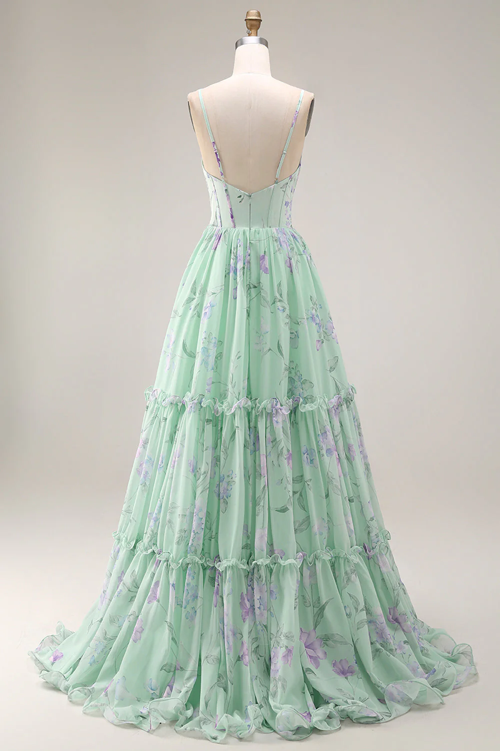 Une robe de bal longue robe de bal en mousseline fleur rose rose A à volants - Image 10