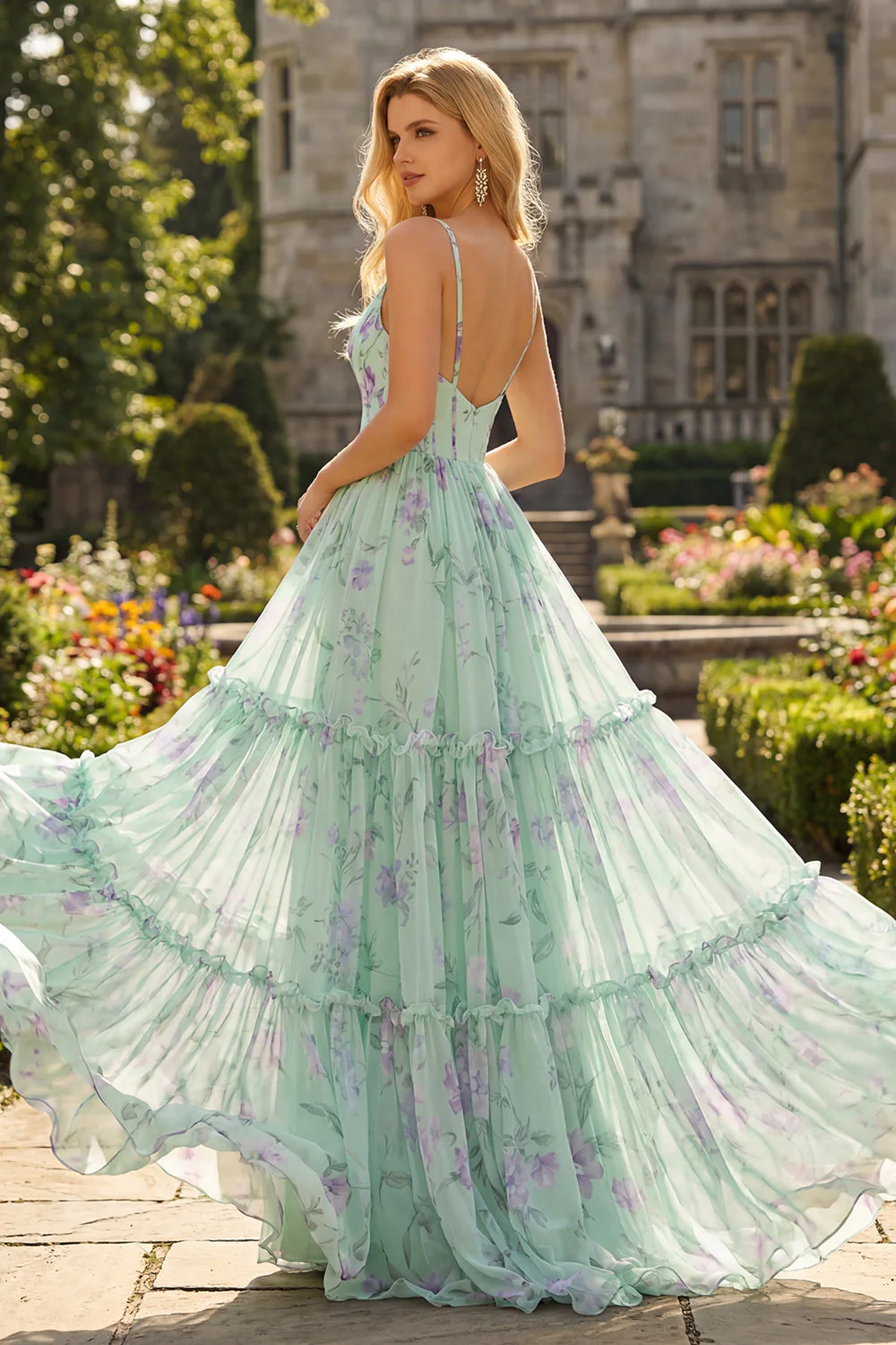 Une robe de bal longue robe de bal en mousseline fleur rose rose A à volants - Image 13