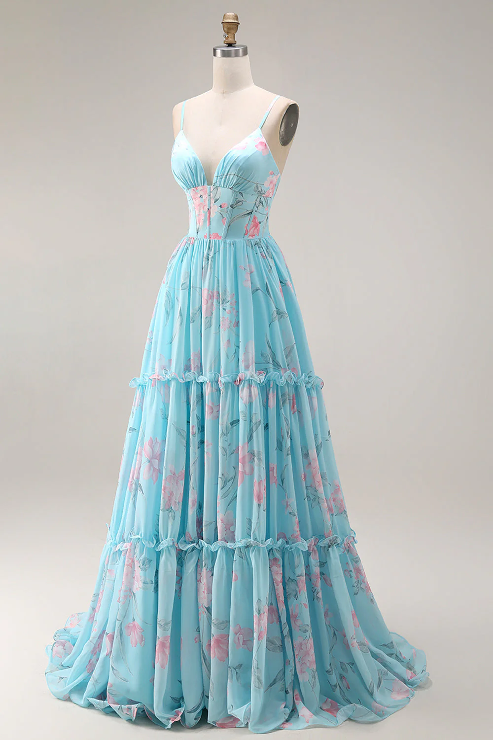 Une robe de bal longue robe de bal en mousseline fleur rose rose A à volants - Image 3