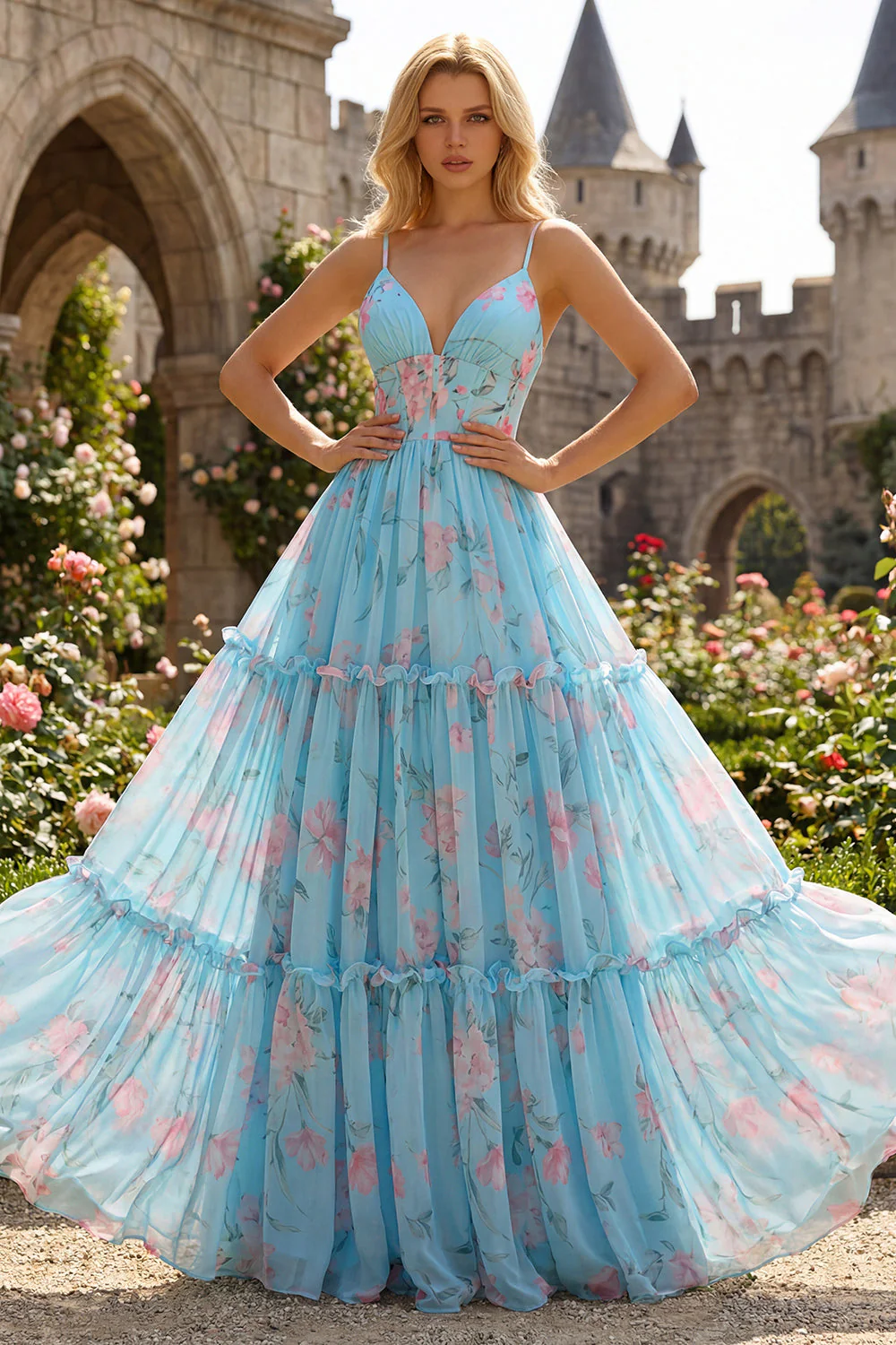 Une robe de bal longue robe de bal en mousseline fleur rose rose A à volants - Image 4