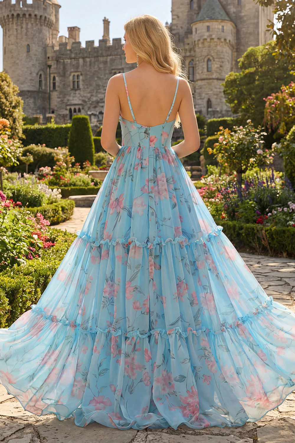Une robe de bal longue robe de bal en mousseline fleur rose rose A à volants - Image 5