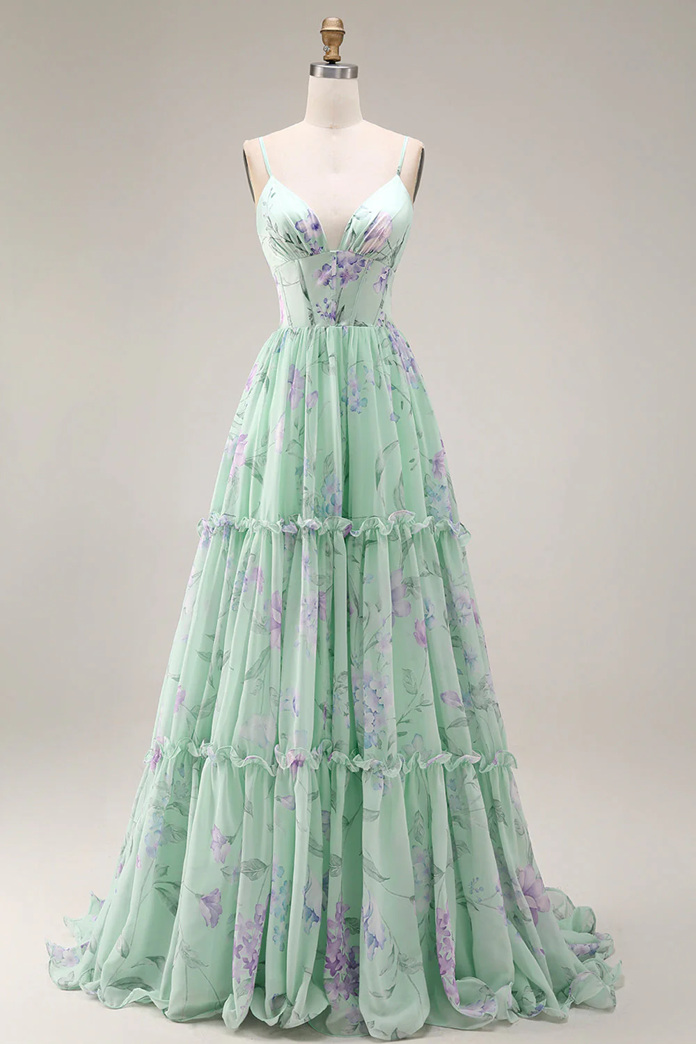 Une robe de bal longue robe de bal en mousseline fleur rose rose A à volants - Image 9