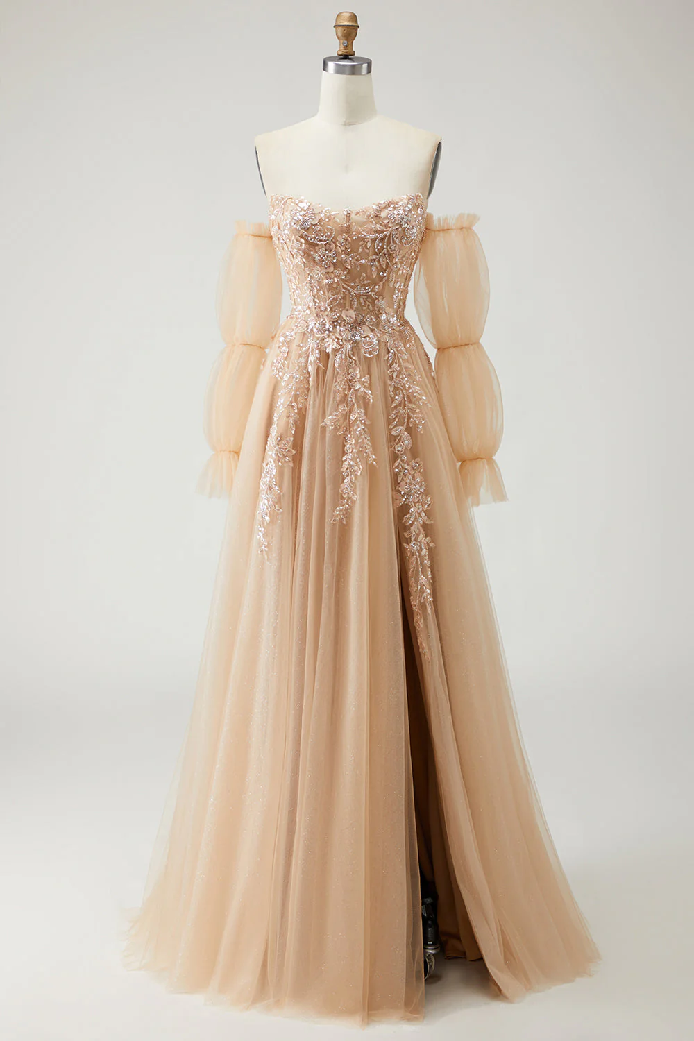Une robe de bal longue violette appliquée à manches sans bretelles décapotable décapotable - Image 16