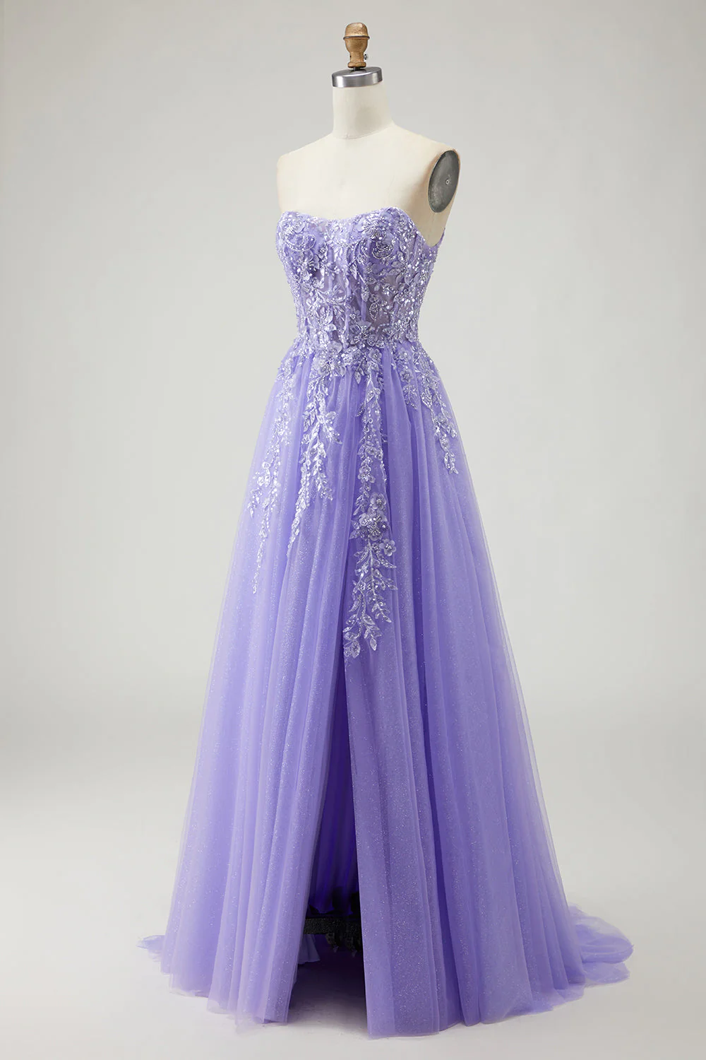 Une robe de bal longue violette appliquée à manches sans bretelles décapotable décapotable - Image 3