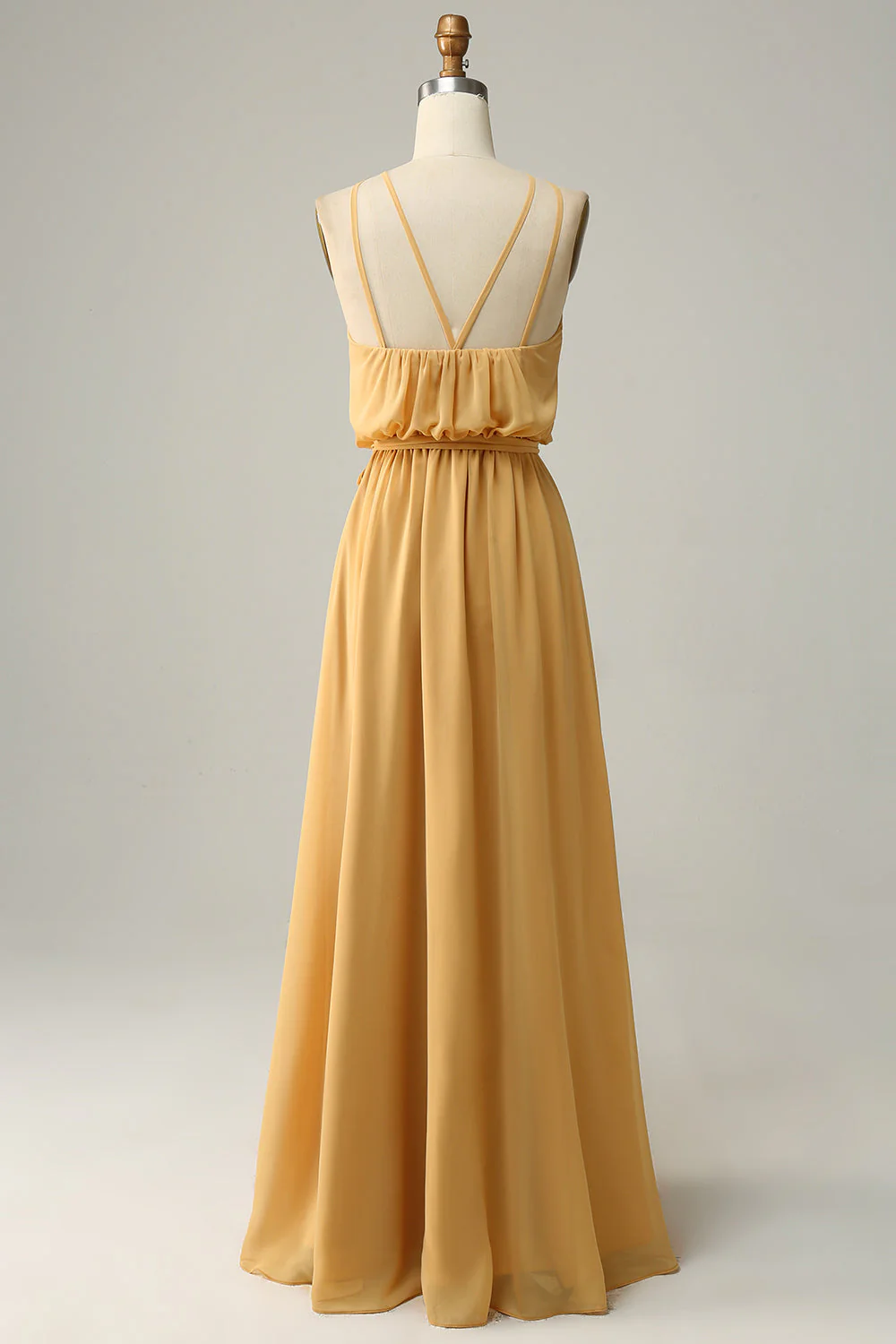 Une robe de demoiselle d’honneur longue jaune Halter Line avec nœud papillon - Image 2
