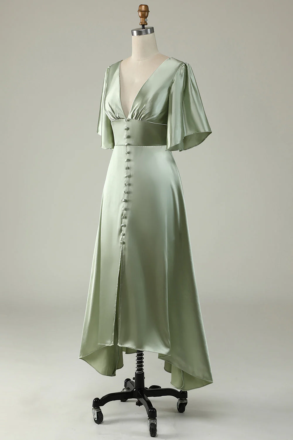 Robe de demoiselle d'honneur vert clair col V profond manches 3/4 - Image 5