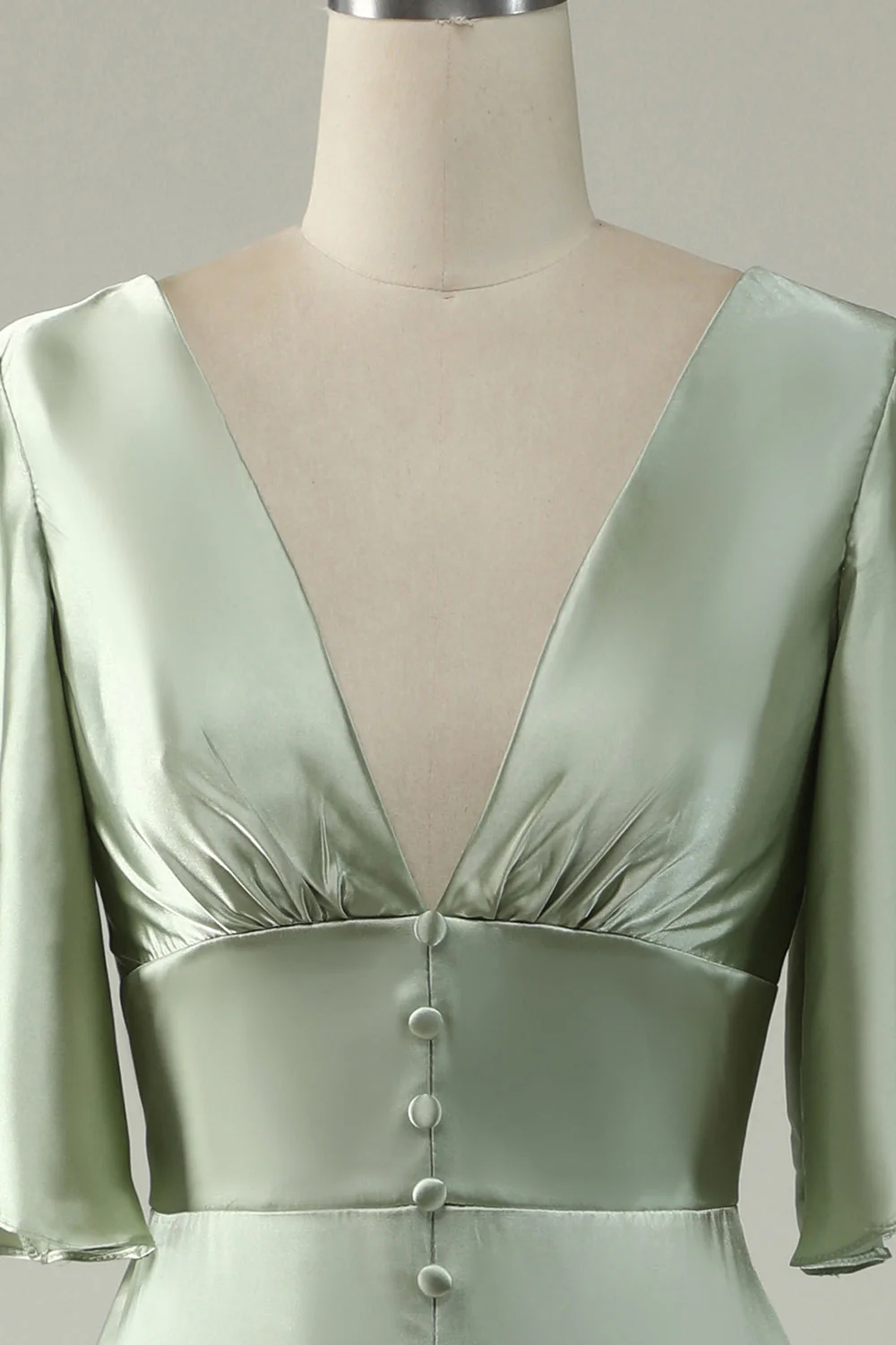 Robe de demoiselle d'honneur vert clair col V profond manches 3/4 - Image 6