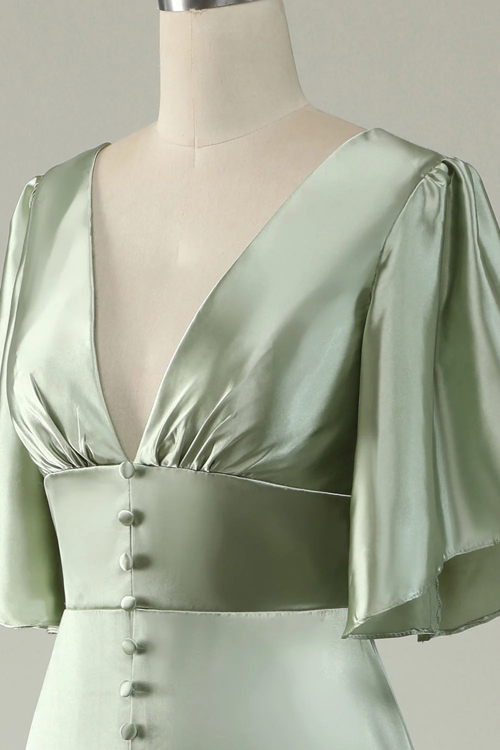 Robe de demoiselle d'honneur vert clair col V profond manches 3/4 - Image 8