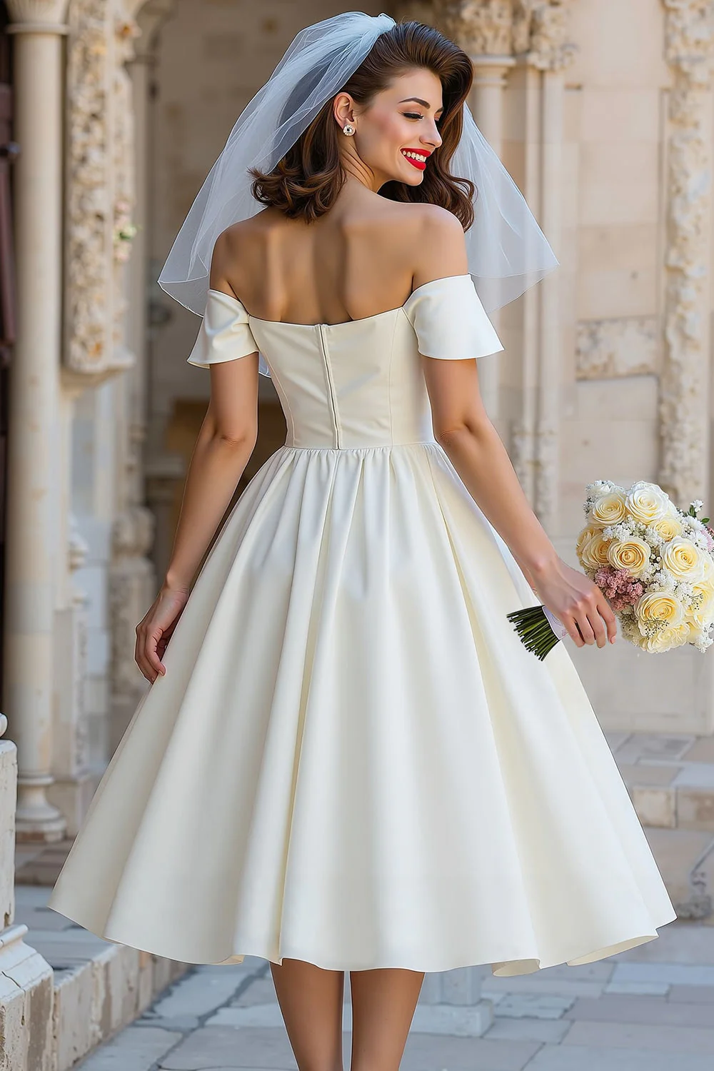 Une robe de mariée midi ivoire décalé avec un nœud - Image 2