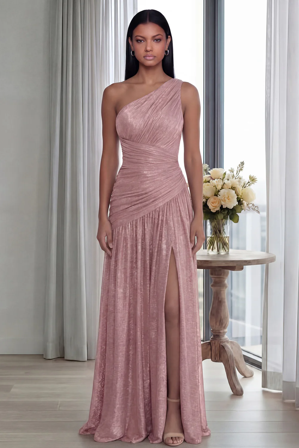 Robe d'invitée de mariage longue dorée à une épaule plissée avec fente - Image 13