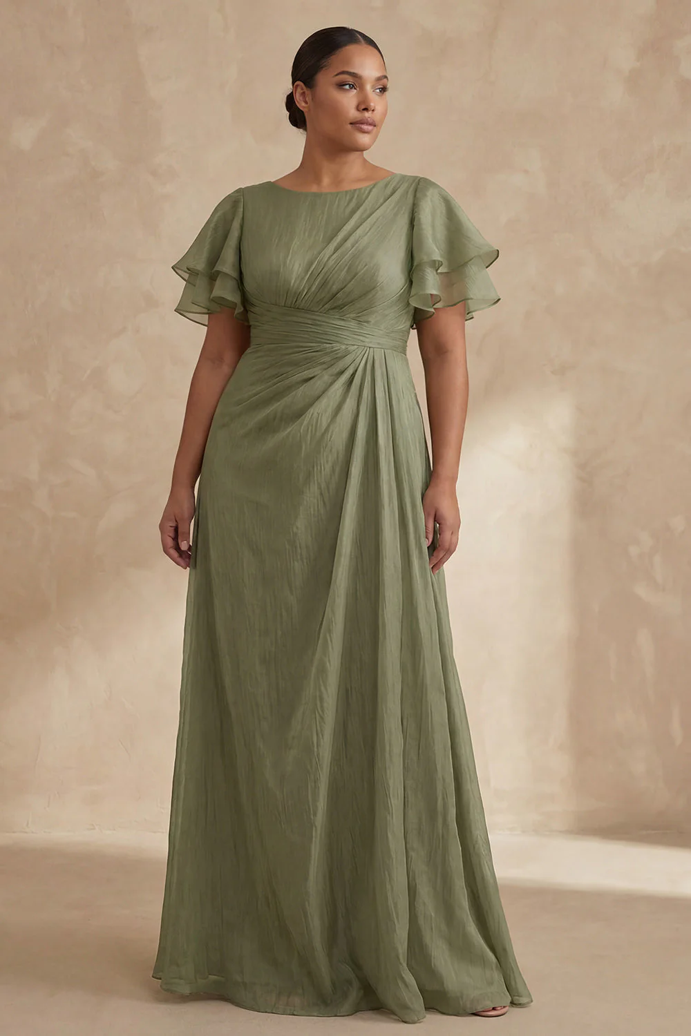Une robe marin de mariée à large taille Sage poussiéreuse avec des manches à volants