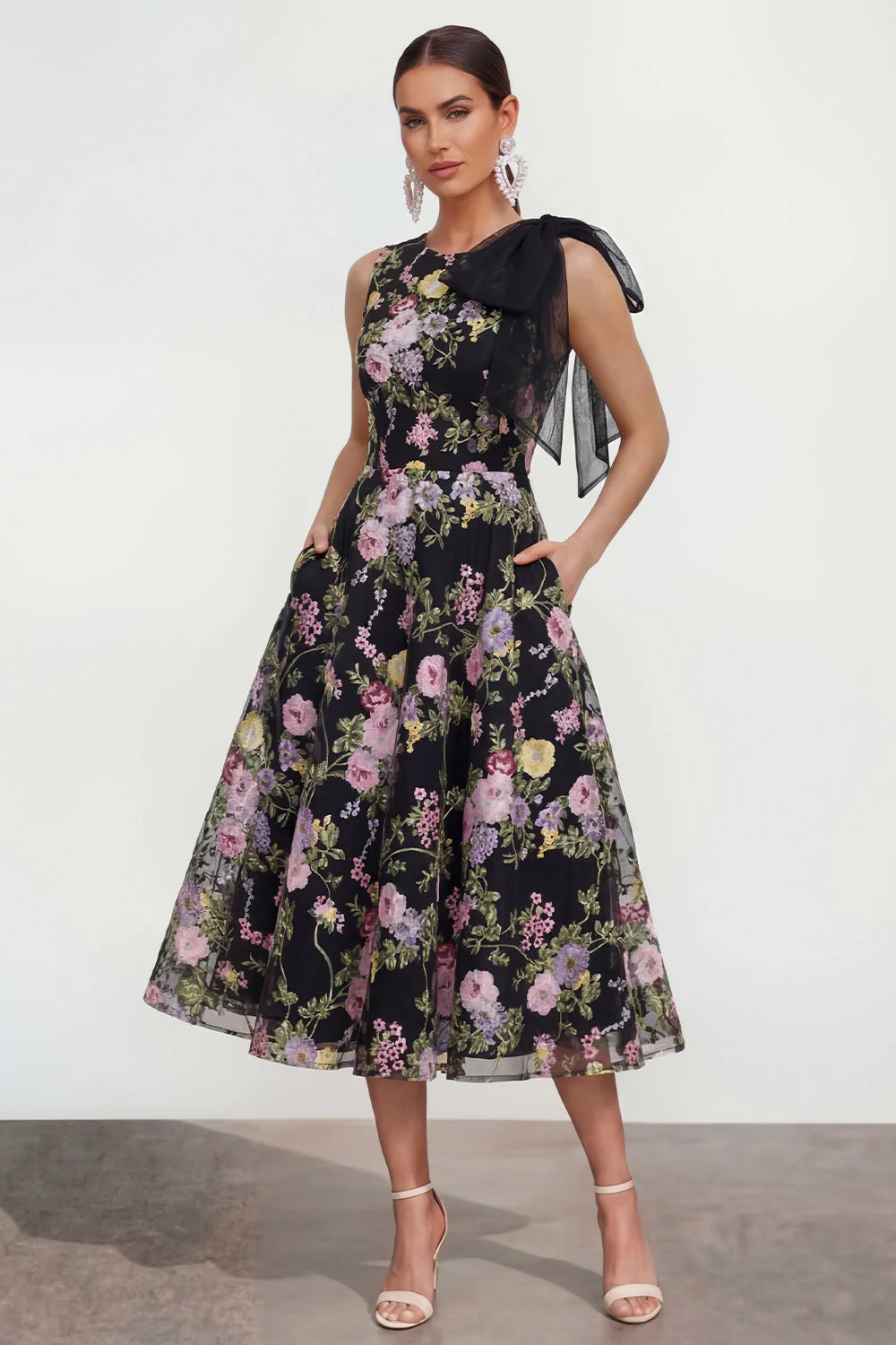 Robe d'invitée de mariage midi imprimé multifleurs nœud avec poches