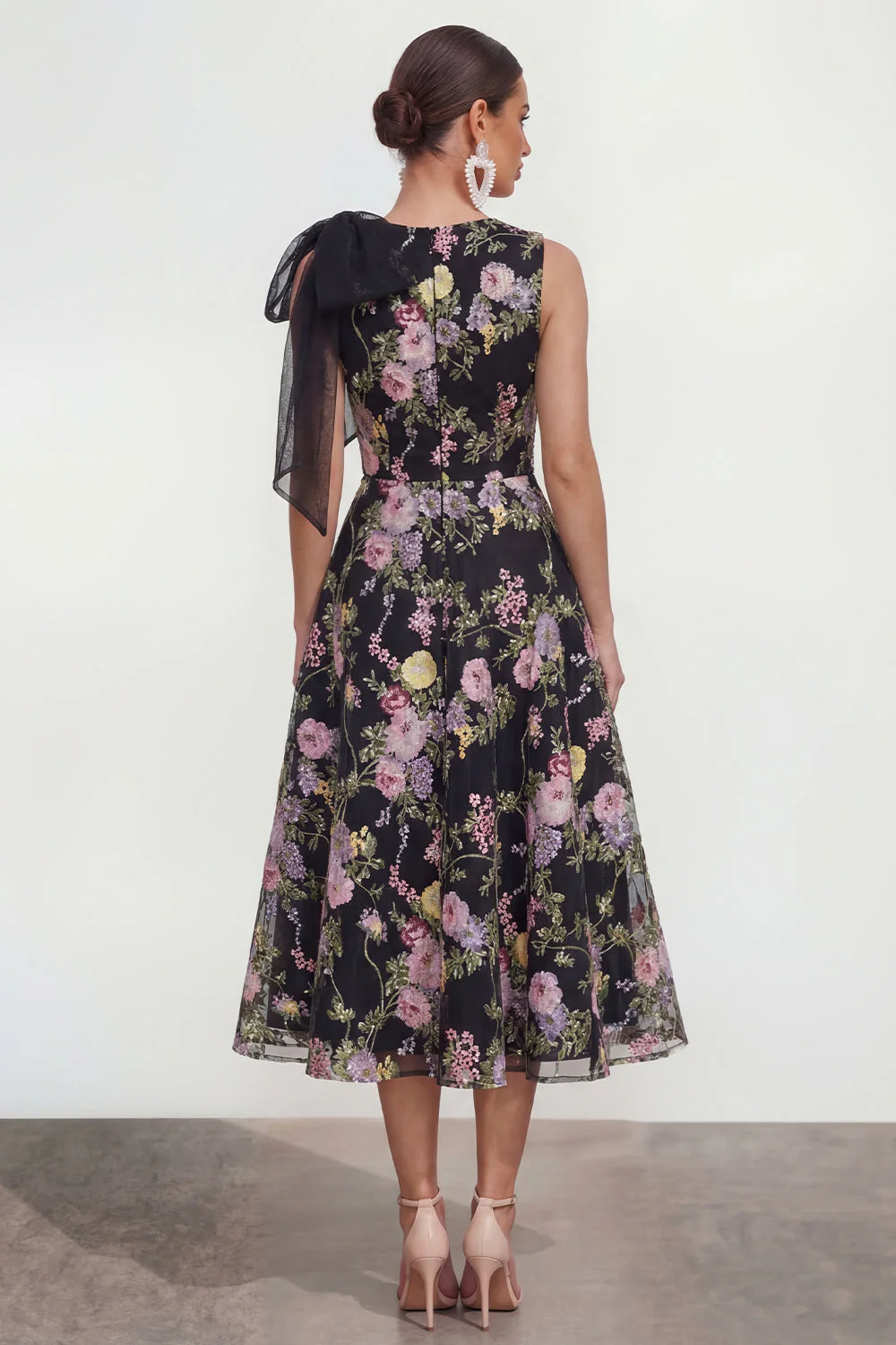 Robe d'invitée de mariage midi imprimé multifleurs nœud avec poches - Image 2