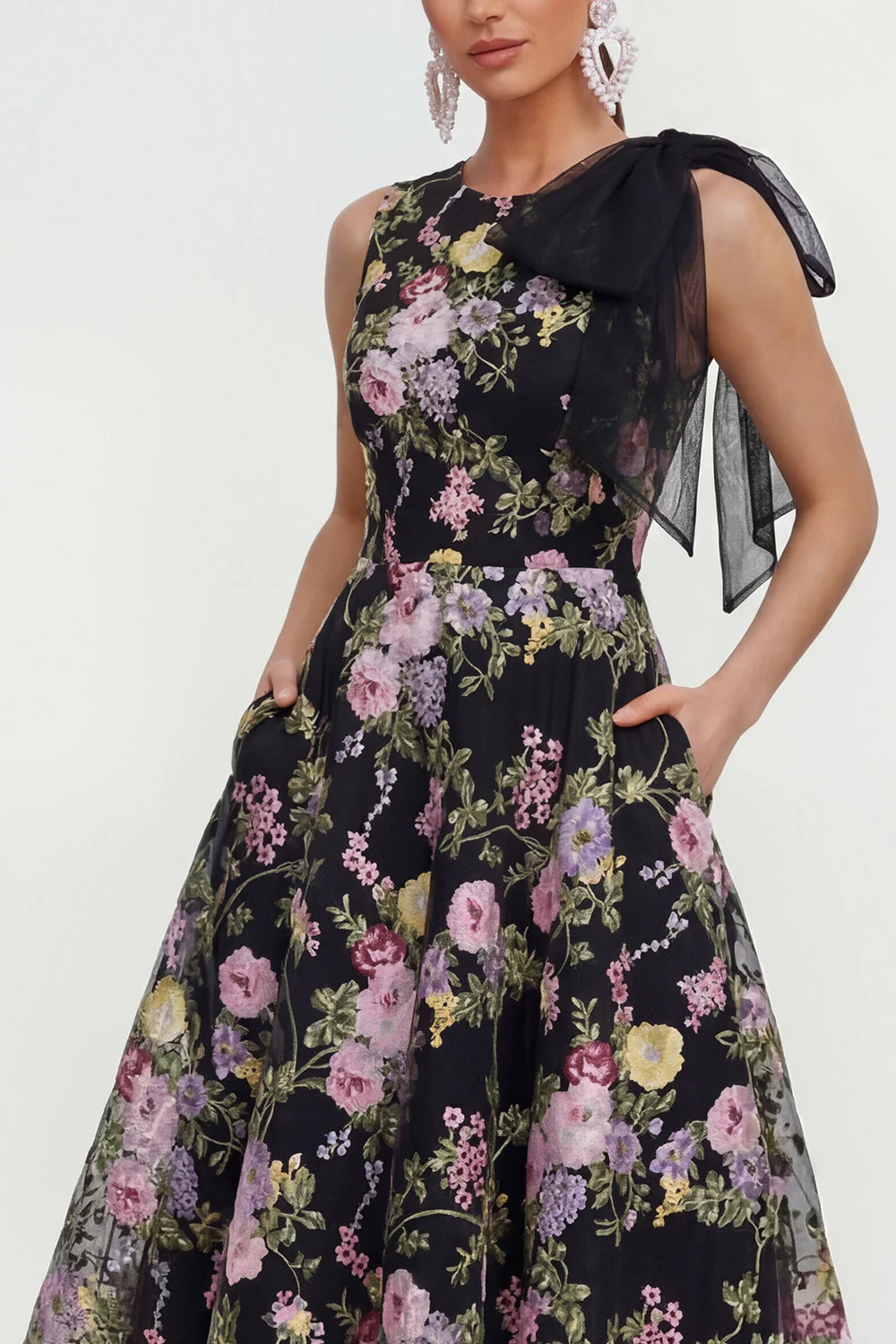 Robe d'invitée de mariage midi imprimé multifleurs nœud avec poches - Image 3