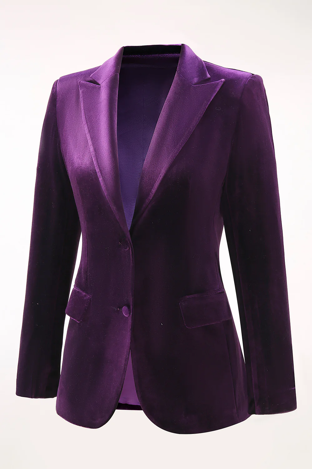 Costume femme 2 pièces en velours prune à revers en pointe et boutonnage simple - Image 9