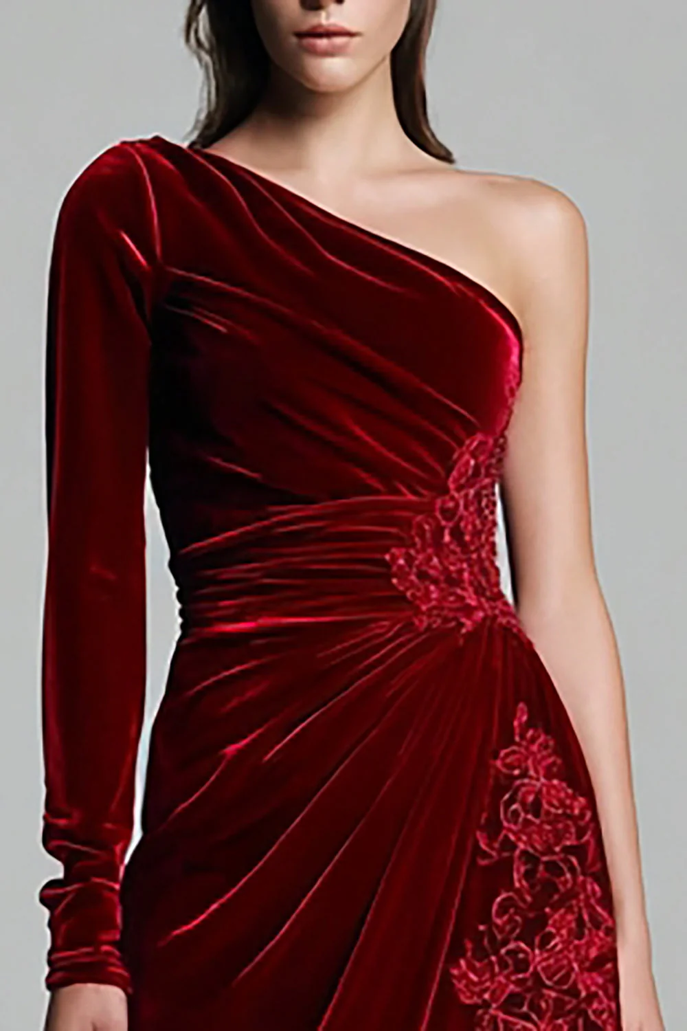Velours bordeaux à une épaule appliques robe formelle - Image 2