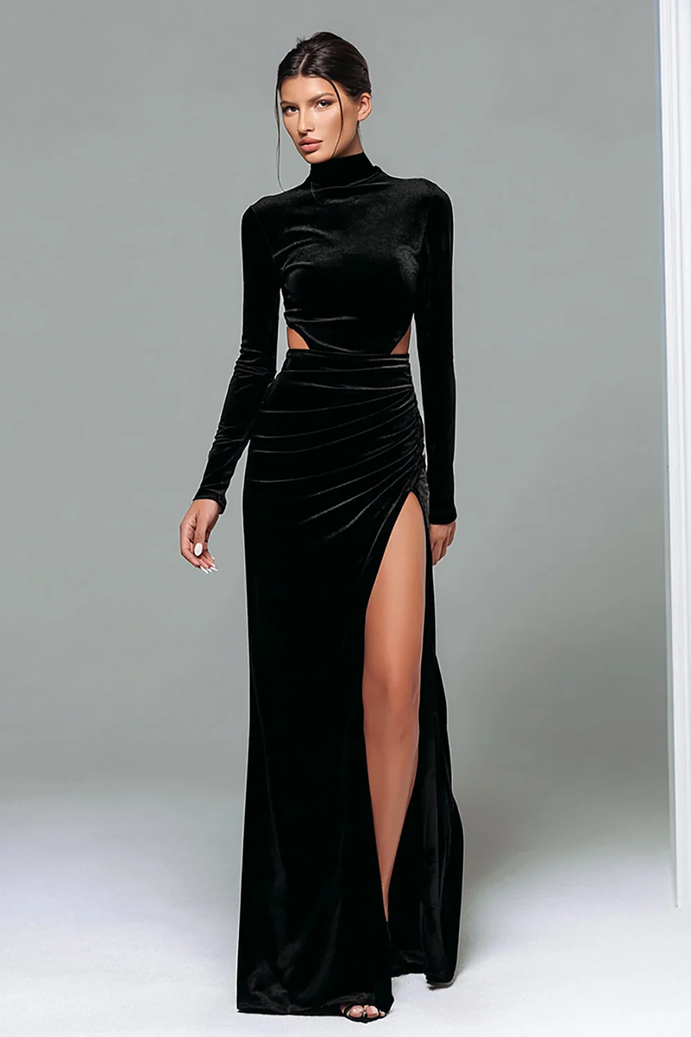 Velours noir col haut manches longues robe de fête de vacances avec fente