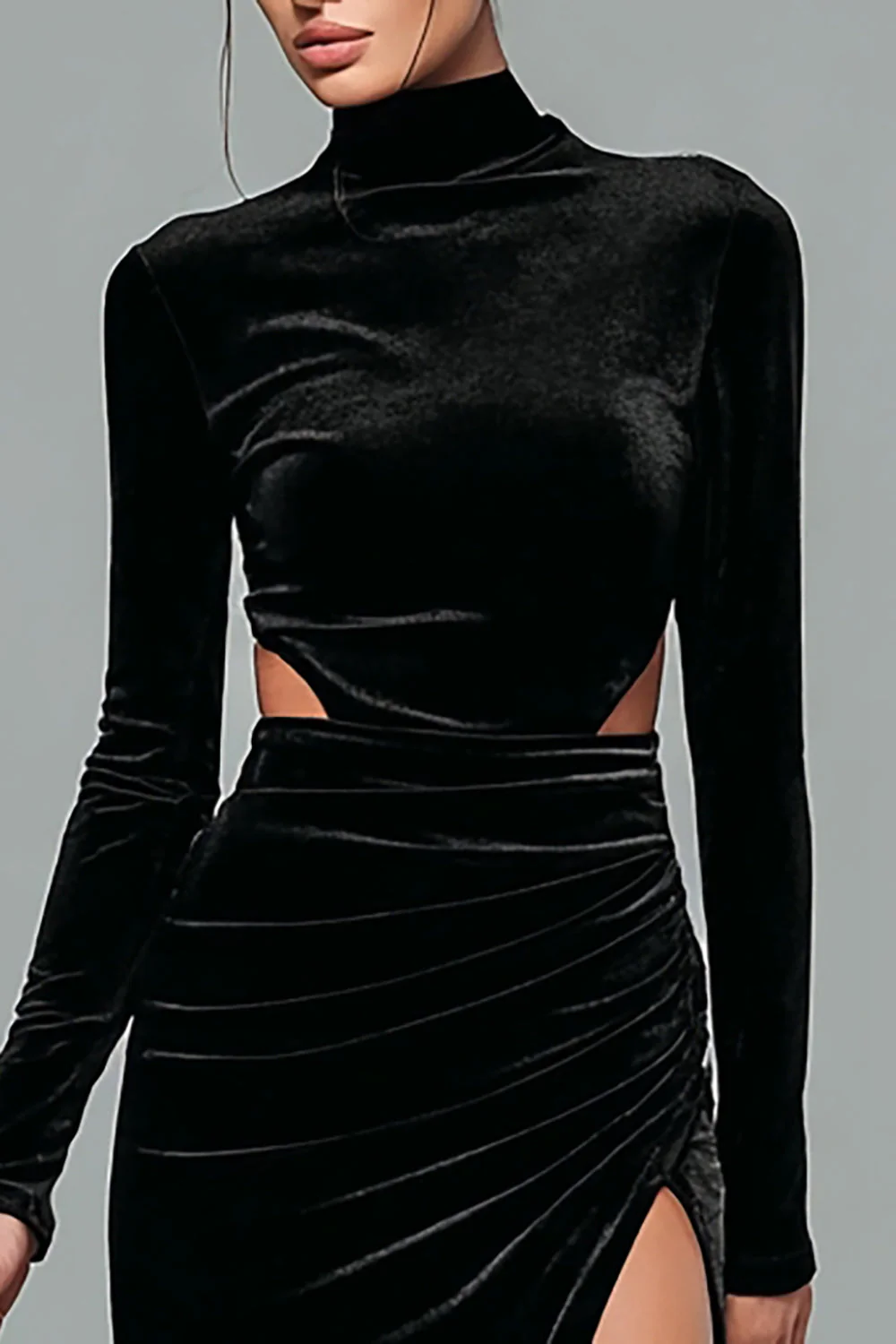 Velours noir col haut manches longues robe de fête de vacances avec fente - Image 3