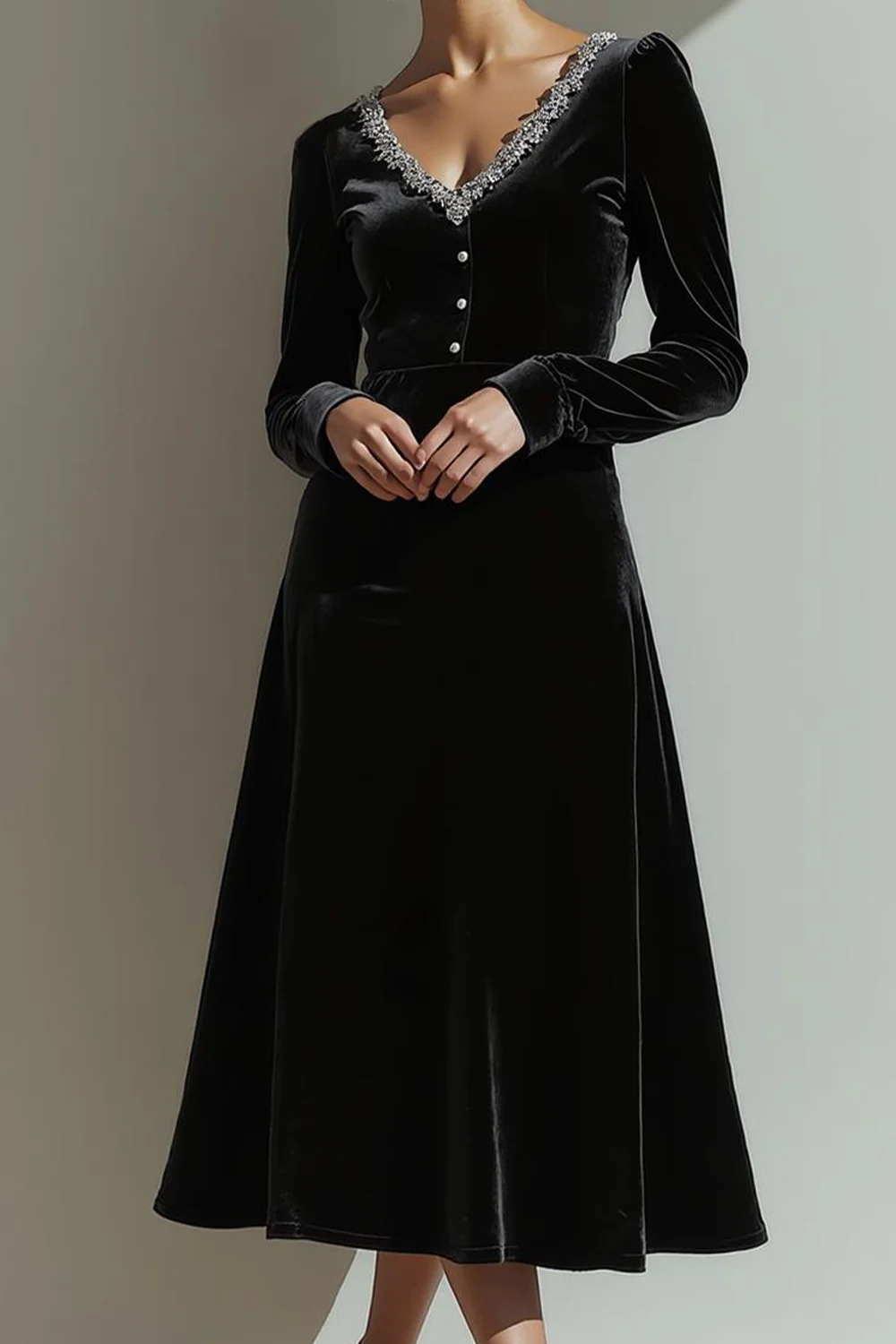 Velours noir Une ligne col en V Maxi robe de fête de vacances à manches longues - Image 2
