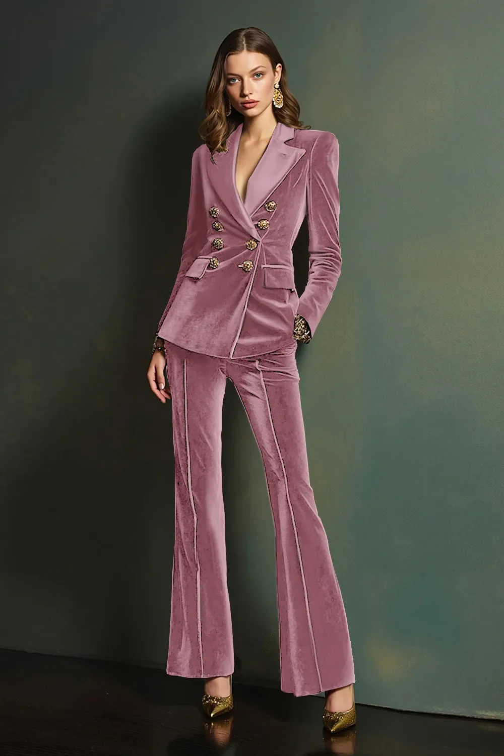 Costume 2 pièces pour femme en velours vert foncé à revers pointu - Image 10