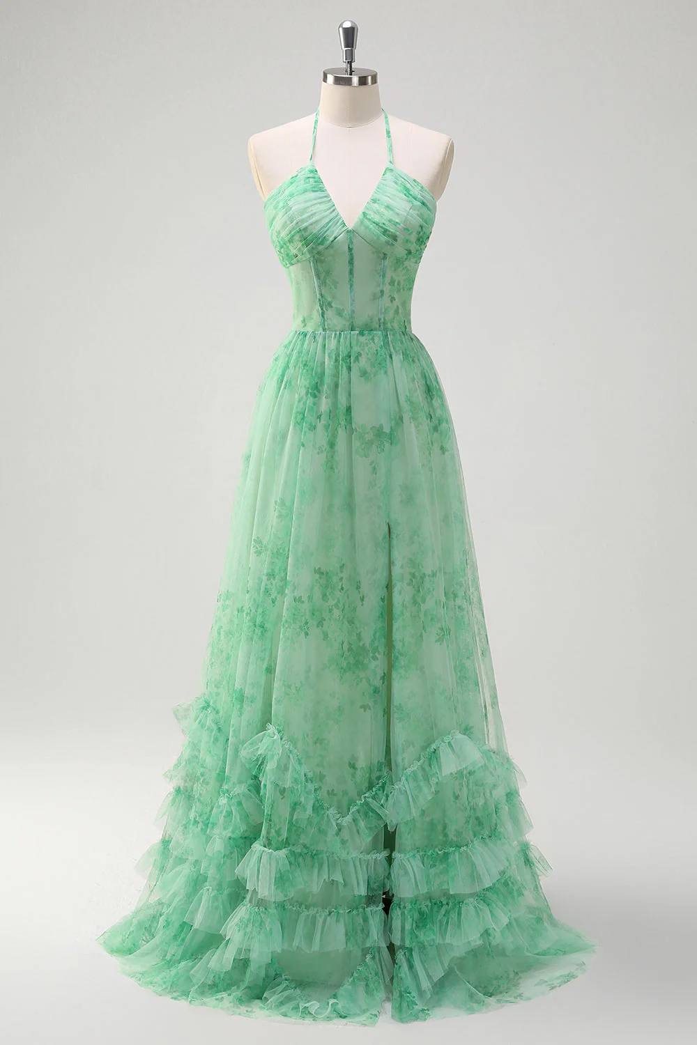 Vert A-ligne Licou Floral Corset Volants Robe de soirée Longue avec Fente